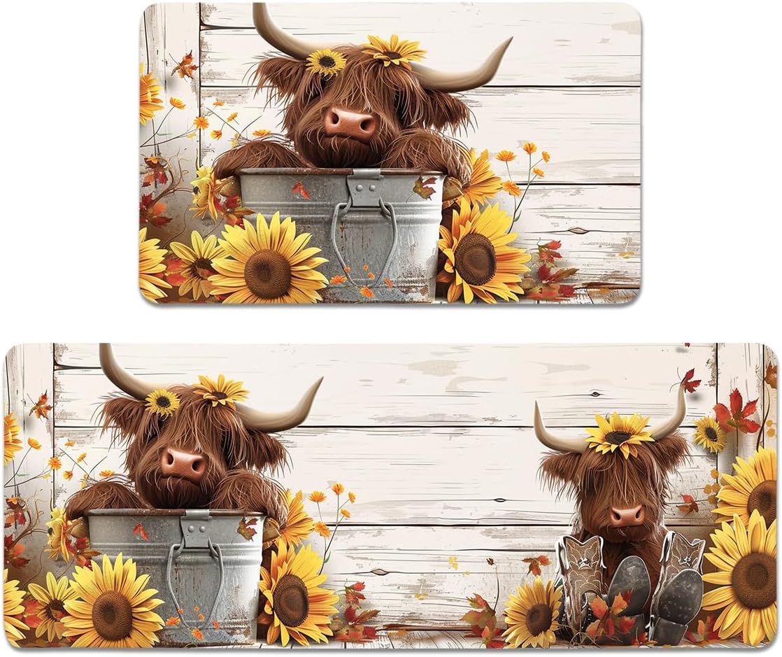 Highland Cow Sunflower Kitchen Rugs, Farmhouse Cotton Blend Linen Non Slip Washable Comfortable Durable Mats for Home Office Bedroom Bathroom Laundry, Rustic Design (Cow A)