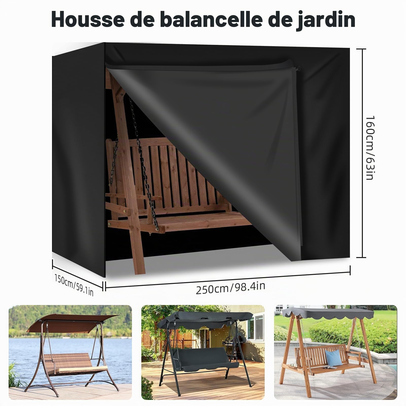 Housse de protection pour balancelle de jardin 3 à 4 places, imperméable, coupe-vent, résistante à l'hiver, résistante aux UV, en tissu Oxford, résistante à la déchirure, pour balancelle de