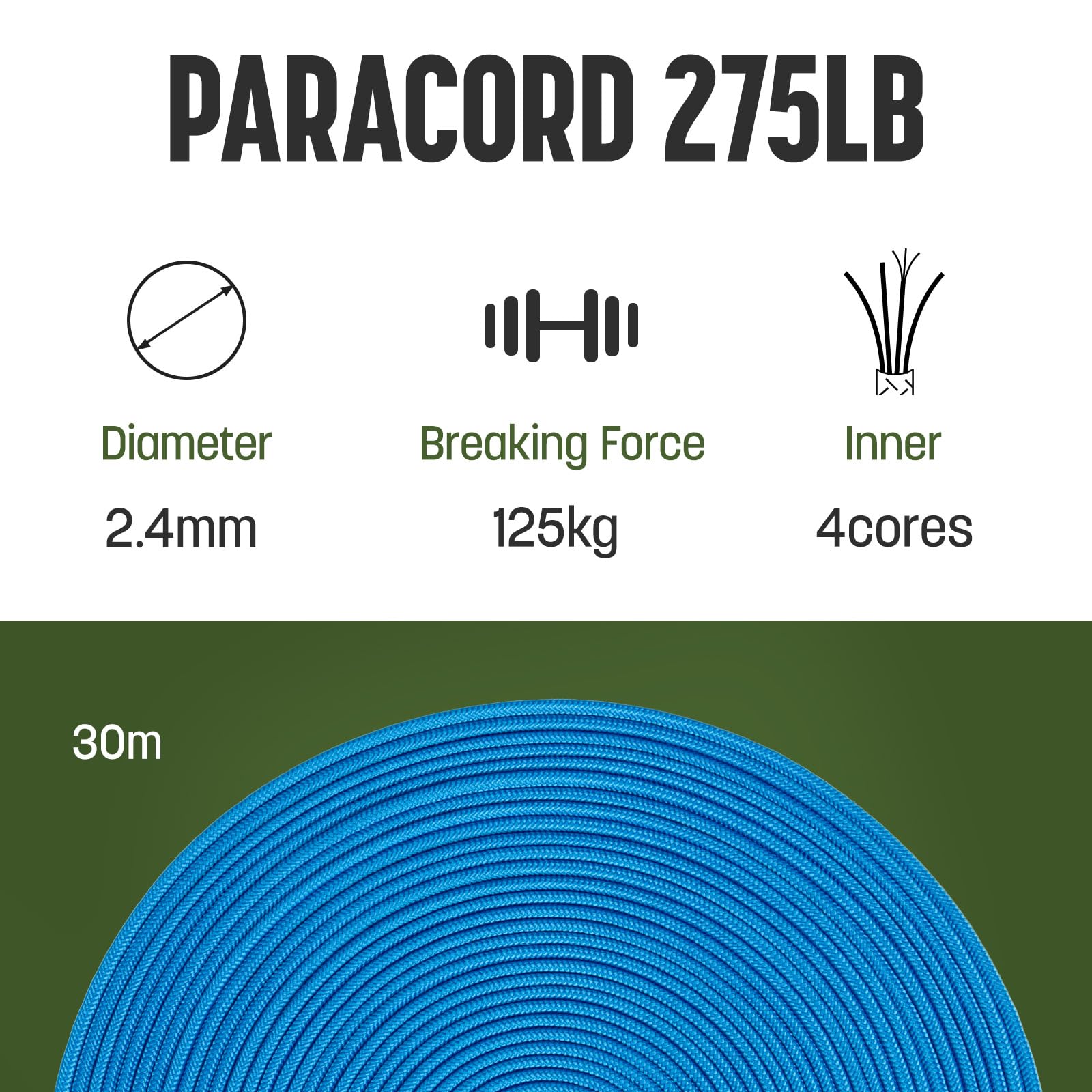 Paracord 2,4mm x 30m Cuerda - 4 Hebras, 275lbs, Nylon & Poliéster, Resistencia a UV & Abrasión - Azul