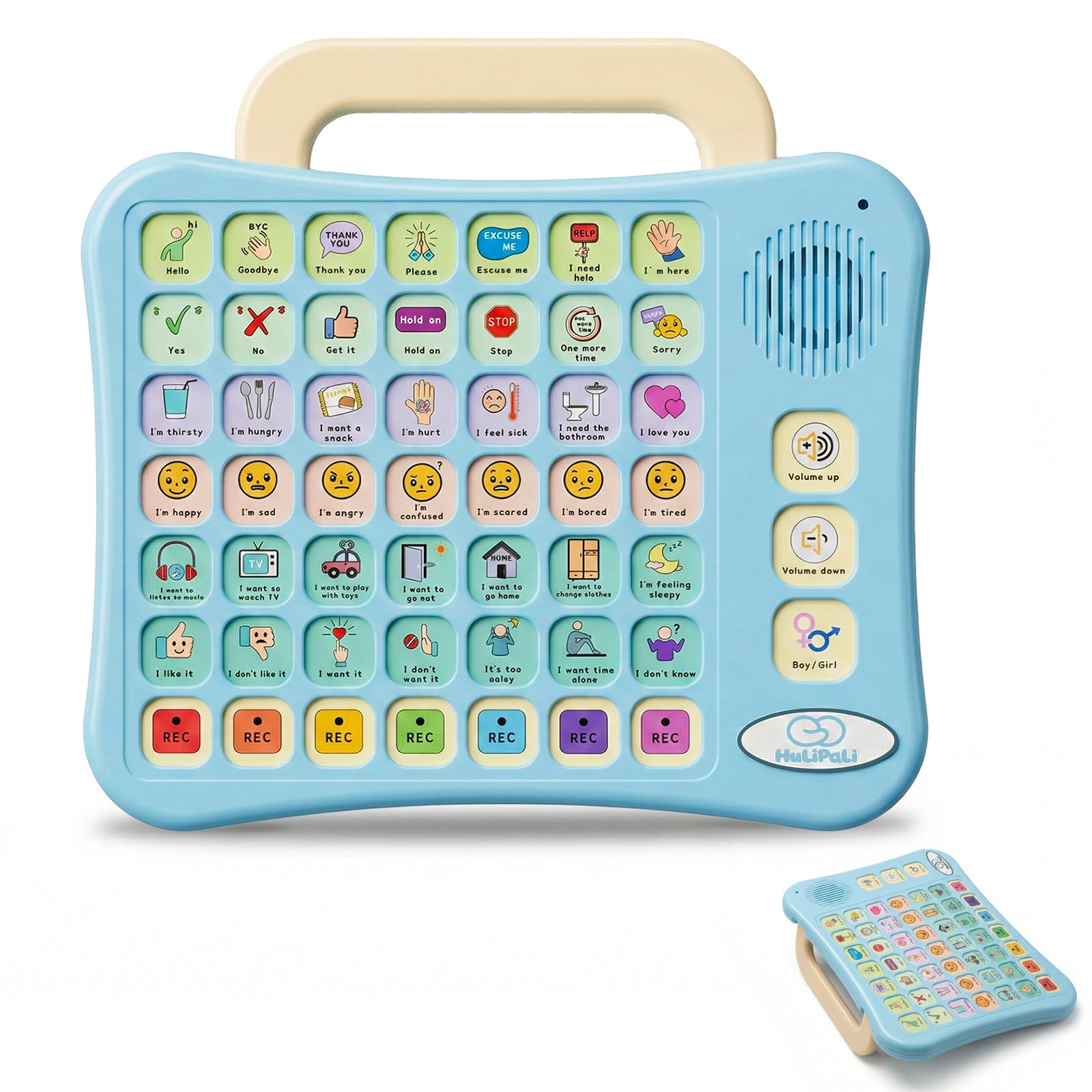 Appareil AAC pour autisme, tablette de communication avec 52 boutons à code couleur, support de poignée pliable, interrupteur vocal pour garçon/fille, 7 boutons d'enregistrement pour enfants non