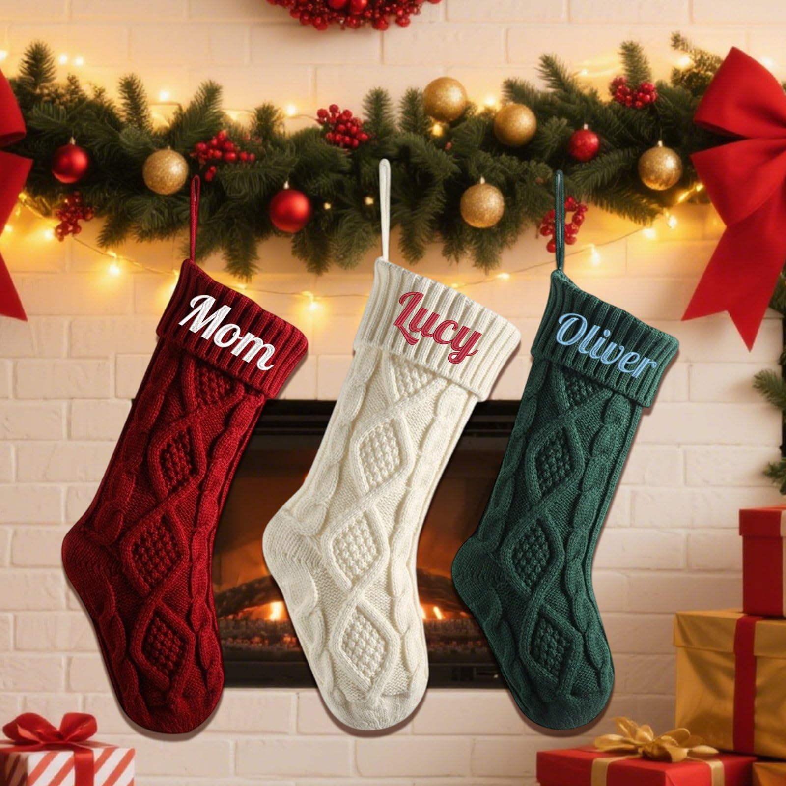Calze di Natale grandi con nomi ricamati personalizzati, 45,7 cm, con nome ricamato personalizzato, 45,7 cm, calza di Natale a maglia per feste in famiglia