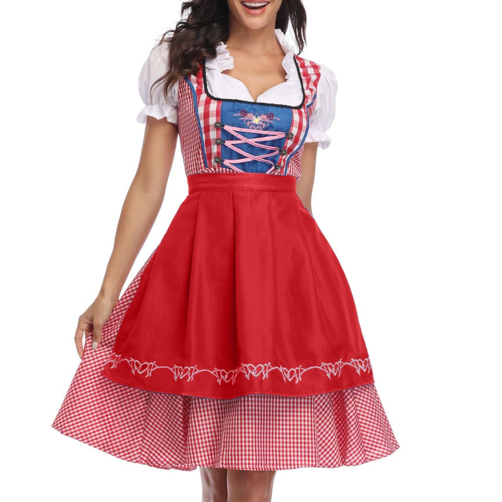 Oktoberfest - Costume tradizionale bavarese da Donna, Vestito Dirndl tedesco, taglie forti, grembiule scozzese, carnevale, Halloween, Cosplay, giochi di ruolo, Vestito Dirndl a Quadri (X4-Red, L)