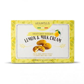 Aramella Gourmet Lemon & Milk Cream Filled Short Crust Biscuits 12 Count 4.9 oz 140g, Made in Italy Premium Italian Cookies with Dual Cream Filling
