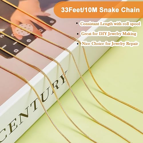 Miniatura 3 de CREATZONE Cadena de serpiente dorada de 33 pies de 0.047 in, cadena redonda de latón de serpiente con cierres de langosta, anillos de salto,