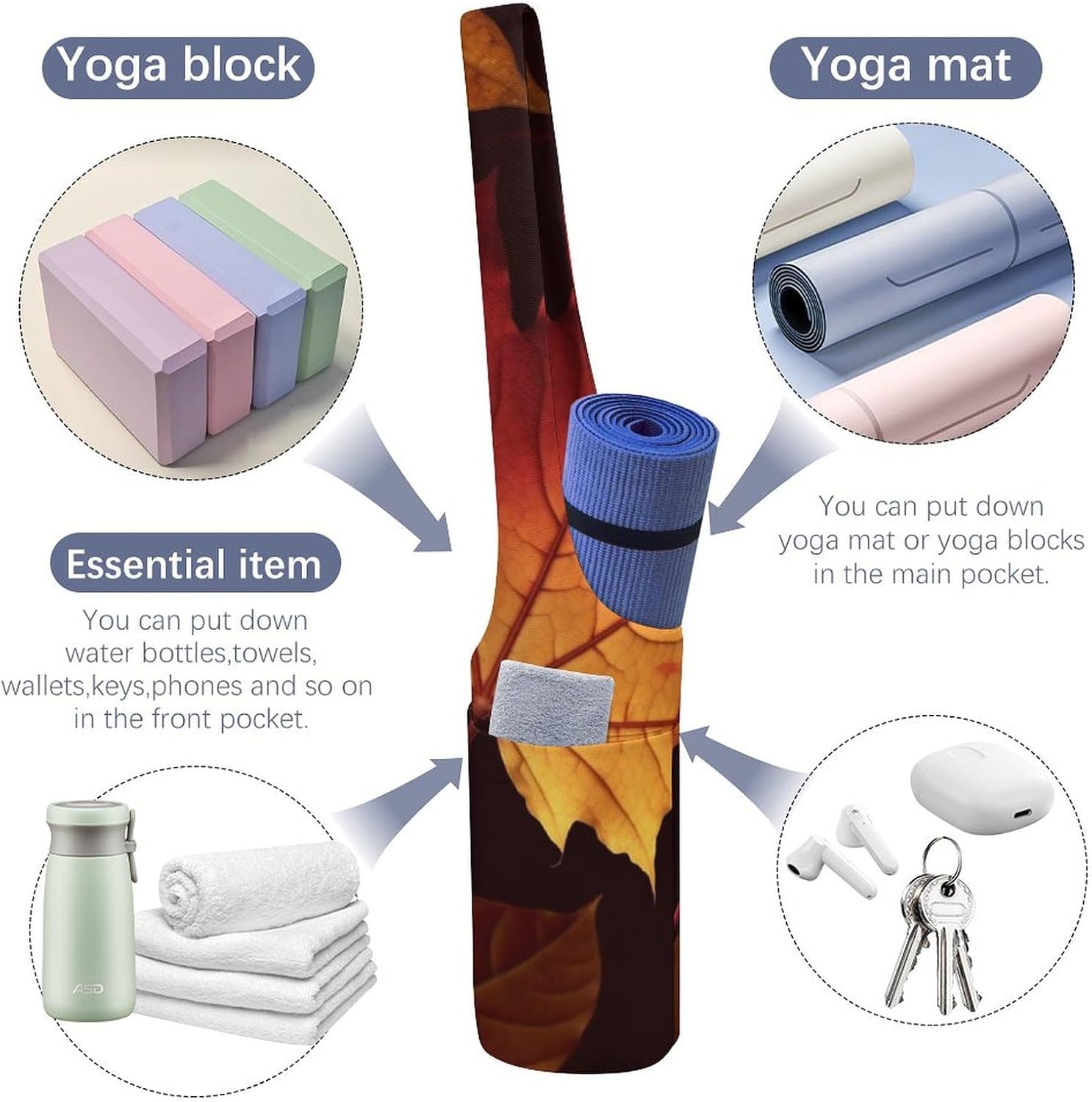 Yoga Mat Carrying Bag,Fall Autumn Leaves Printed Women's Yoga Bag with Multi-Functional Storage Pockets,Large Yoga Mat Bag Fits Most Size Yoga Mats