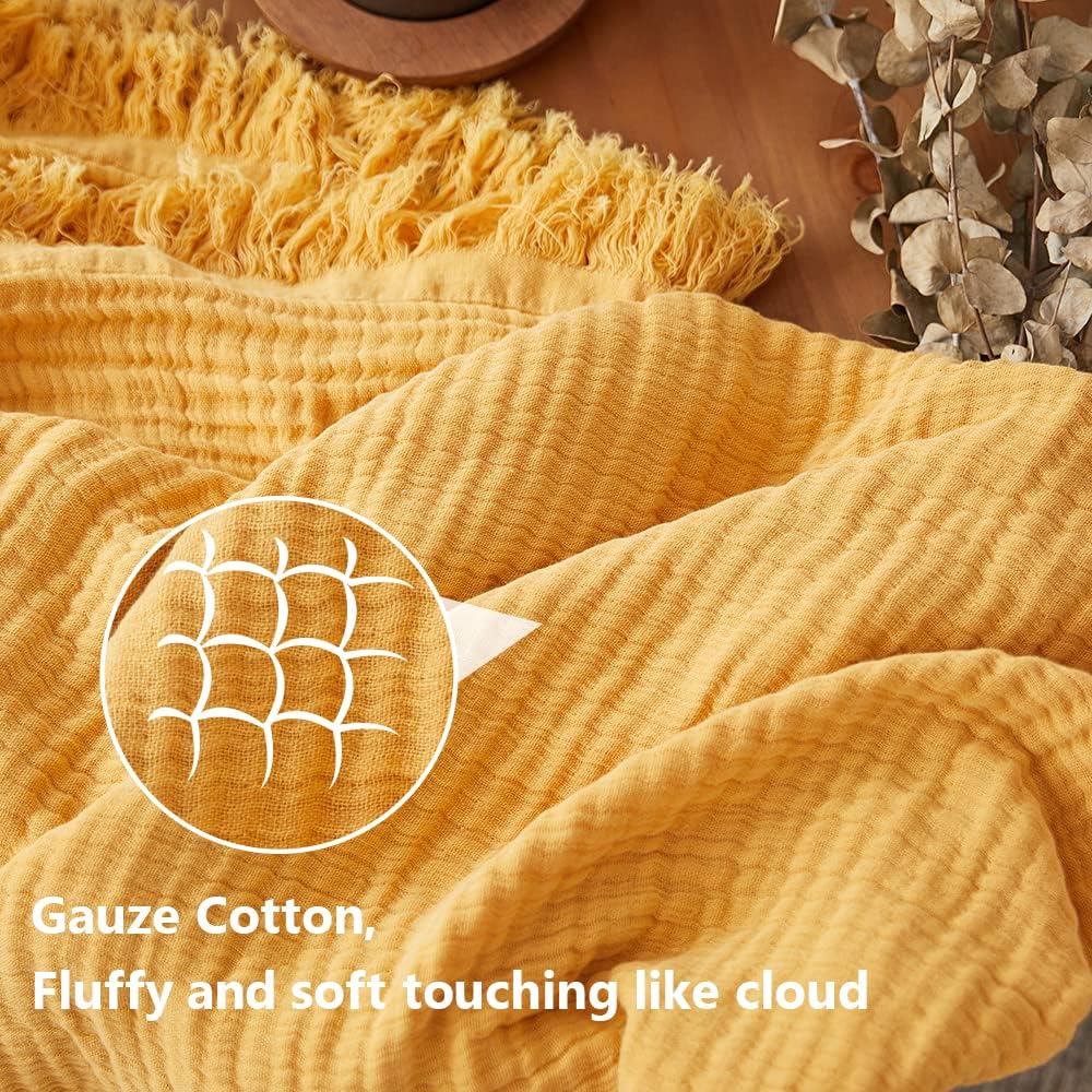 Simple&Opulence Cotton Muslin Throw Blanket for Bed, Couch, Knit Woven Gauze Blanket with Tassels, Soft Lightweight Cozy Pre-Washed Breathable Farmhouse Decoration for All-Season (Yellow)