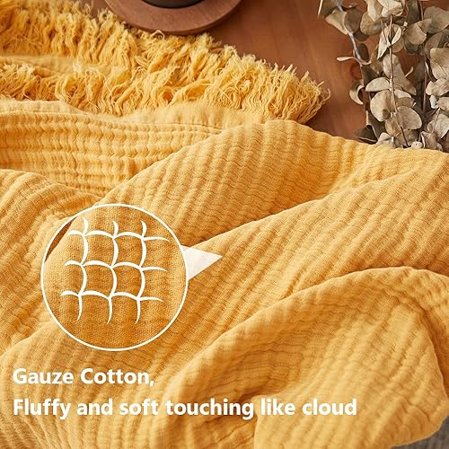 Miniatura 2 de Simple&Opulence Manta de muselina de algodón para cama, sofá, manta de gasa tejida de punto con borlas, suave, ligera, acogedora, prelavada,