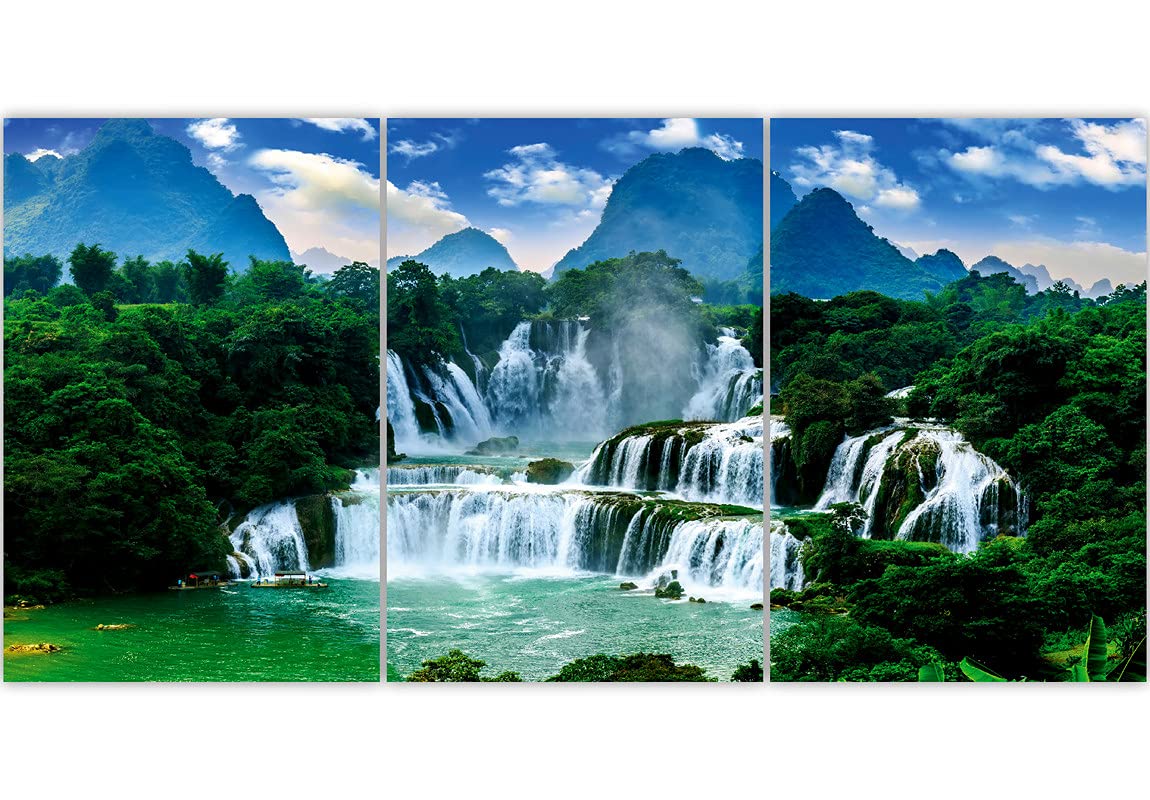 SAF paintings Set of 3 Blue Cloudy Sky Green Forest Waterfalls Beautiful UV Coated Home Decorative Panel Mdf Wall Painting for living Room 27 Inch X 12 Inch SANFC32088