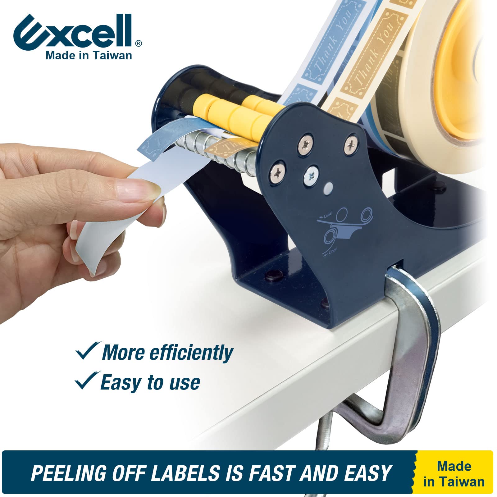 Excell Distributeur d'Étiquettes Manuel avec Pince de Fixation C-Clamp et Séparateur Métallique Dévidoir Multi-Rouleaux pour Entrepôt et Bureau Largeur 50mm Mandrin 77mm Blanc