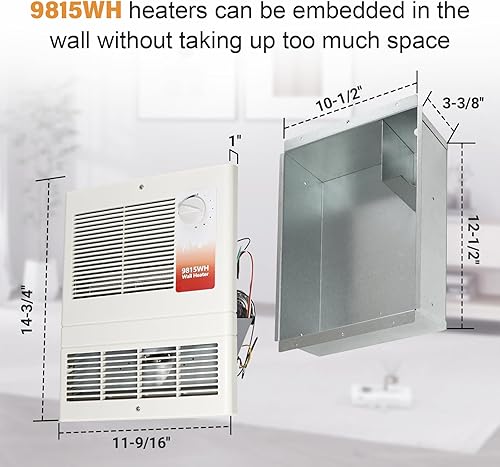 Miniatura 8 de 9815WH Large Capacity Electric Wall Heater with Built-in Adjustable Thermostat and Silent Motor, Overheat Protection, 1500 Watts, 120/240 Volts,