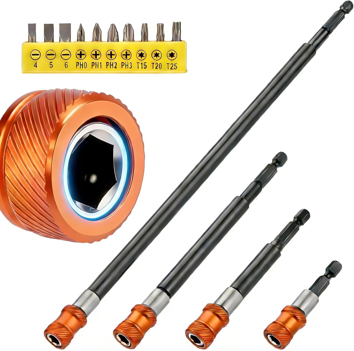4pcs Drill Bit Extension Set with 10pcs Screwdriver Bits, Magnetic Drill Bit Extender with Aluminum Sleeve, 1/4 Inch Hex Bit Holder for Impact Driver, 2",4",6",12'' Long