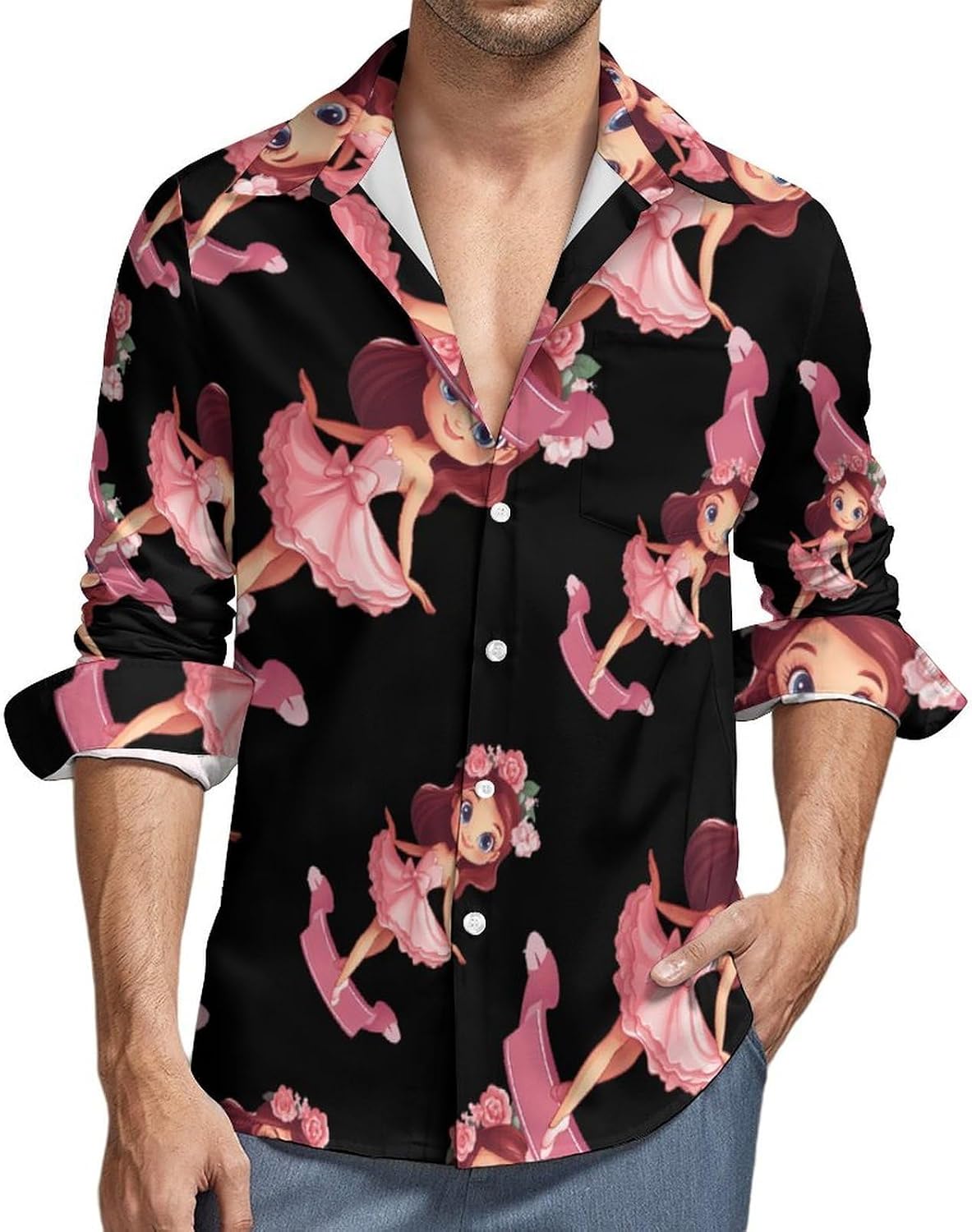 Ballet Dancers Flower Print Long Sleeve Shirts Casual Dress Shirt Button-down T-shirts for Men