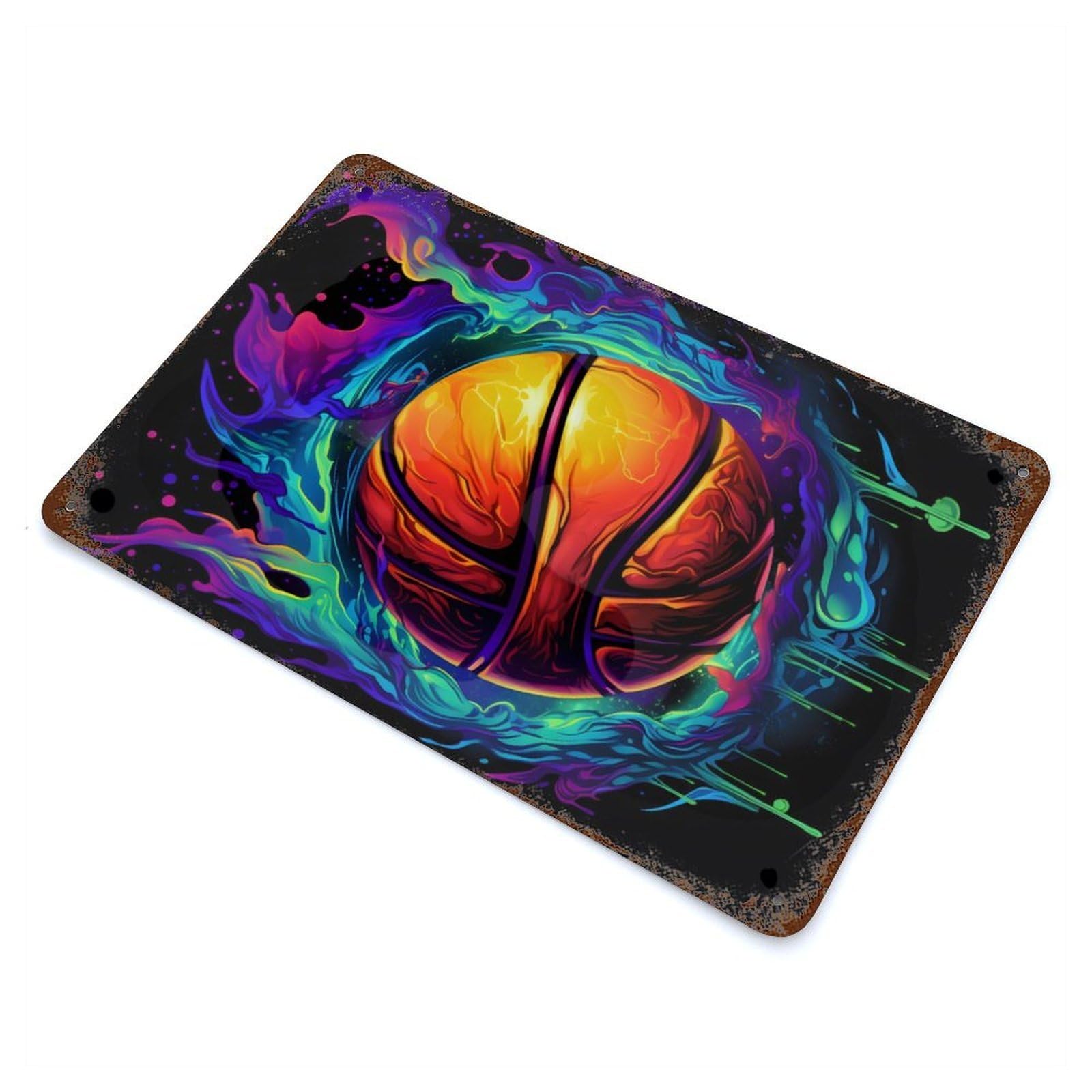 Abstract Basketball Design Vintage Wall Sign 11.8"x7.9", Rust Effect Metal Decor for Cafe, Home Bar And Lounge Decor