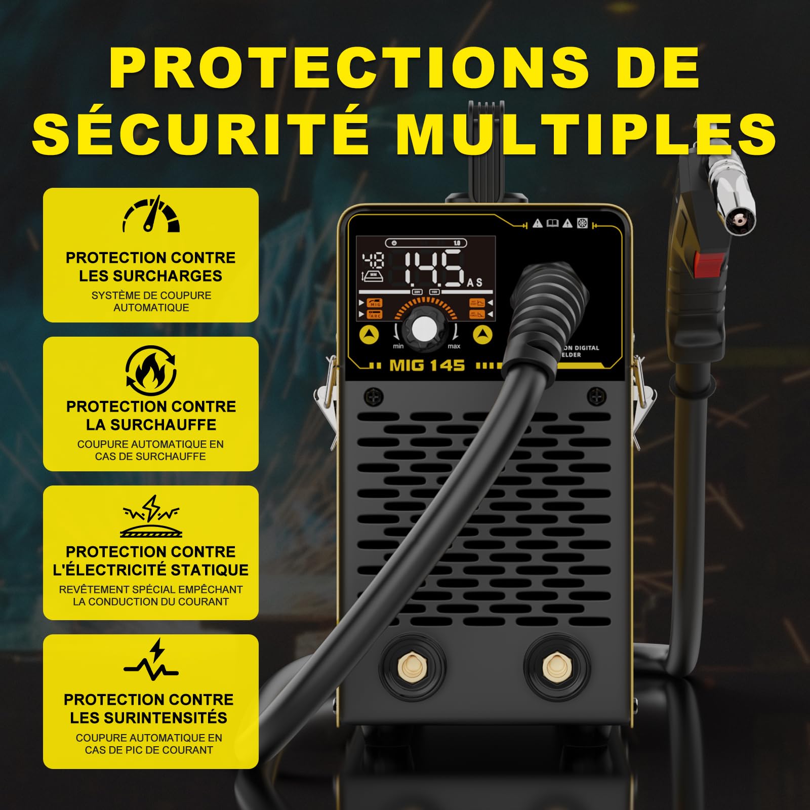 Haxiaoer 145A Poste a Souder Fil Fourré Sans Gaz, 3 en 1 Synergie Poste à Souder MIG (FCAW/MMA, ARC/Lift TIG), IGBT Poste a Souder Inverter avec Fil de 1.0mm, Démarrage à chaud, poussée d'arc, Jaune