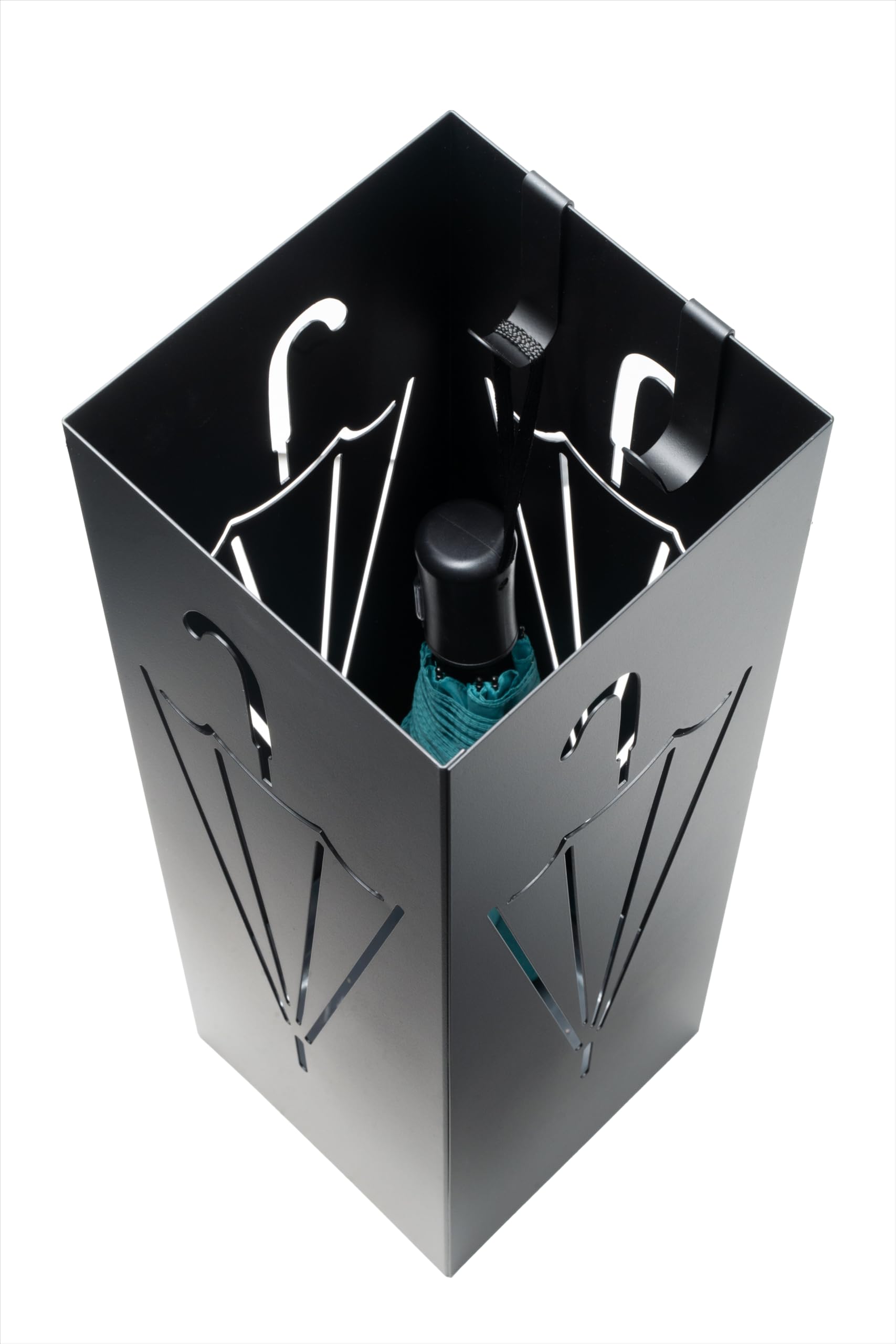 Paragüero moderno de metal para hogar y oficina, diseño de paraguas, 2 ganchos, 2 bandejas de recogida de agua extraíbles, 15,5 x 15,5 x 49 cm, negro, cuadrado