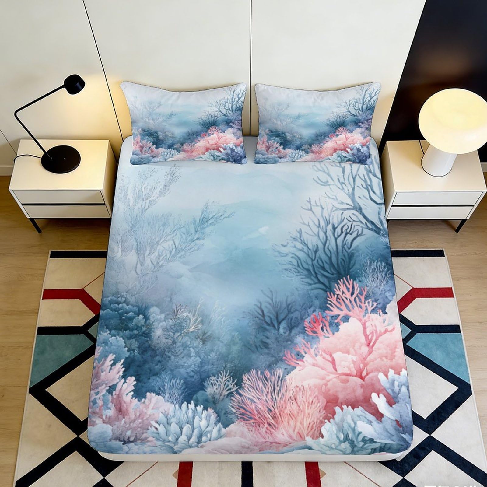 3D Printed Coral Reef Fitted Sheet Microfiber Deep Pocket Non-Slip Ocean Style Mattress Fitted Cover Washable Full Wrap for Adult Bedroom 160x200x25cm