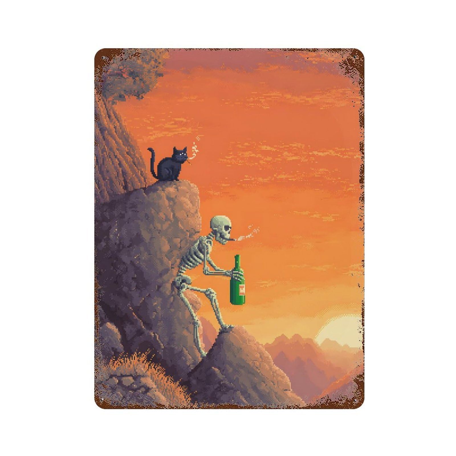 Pixel Art Skeleton And Cat Vintage Wall Sign 15.7"x11.8", Rust Effect Metal Decor for Shed, Workshop And Garage Wall Decor