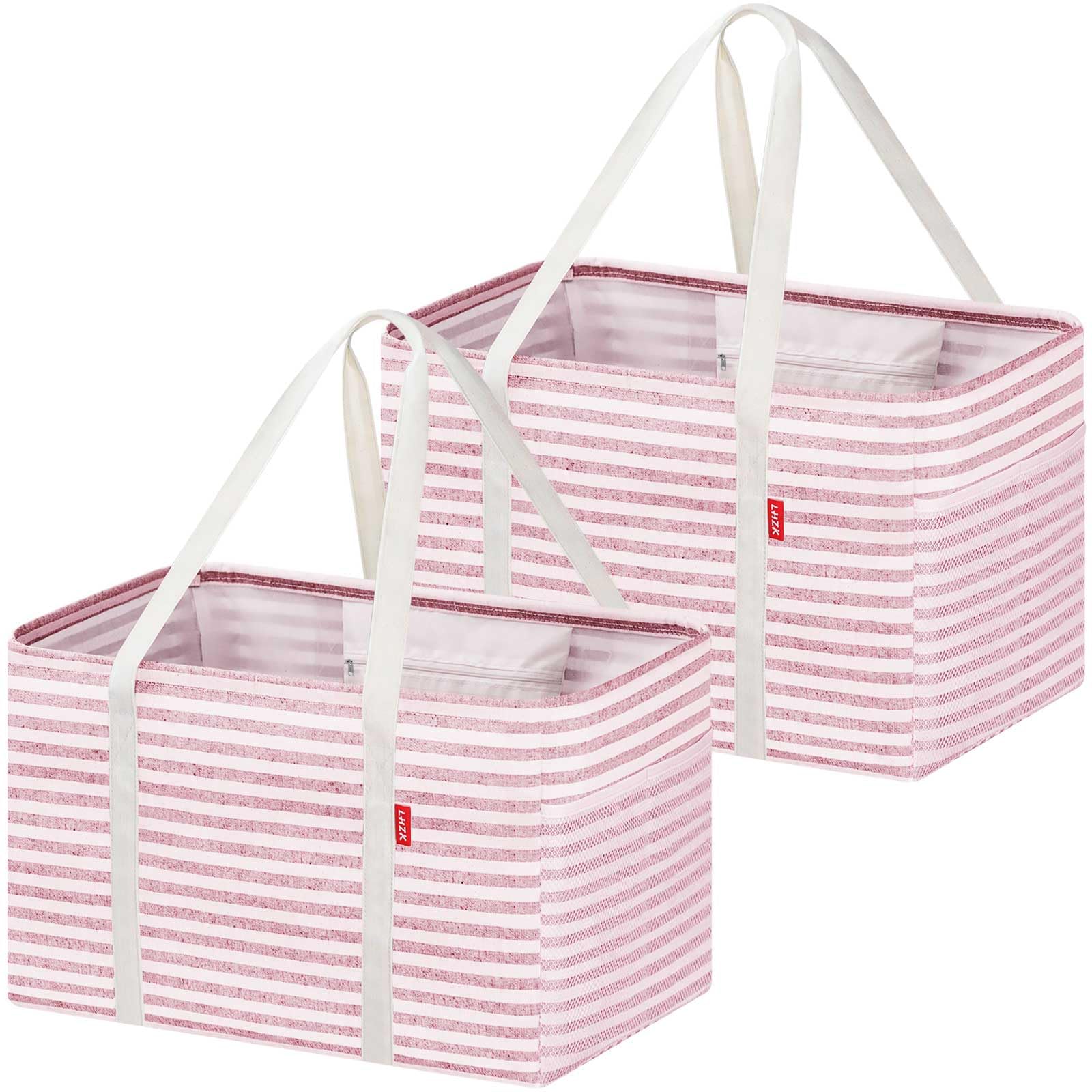LHZK 2 Pack Utility Tote Bag with Metal Wire Frame and the Sides Rinforced, Large Tote Bag with Handle, Reusable Grocery Bags Foldable, Beach Bag, Car Tote (Pink, 18.5''x11.8''x11.5'')