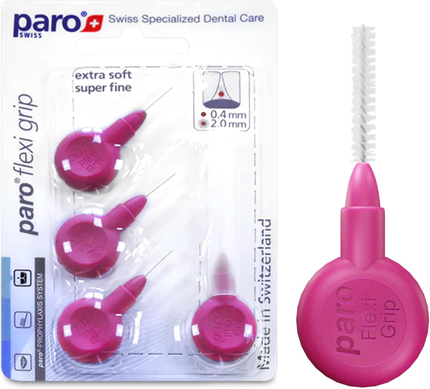 Paro Swiss FlexiGrip 1083 Interdental Brush, Medium Bristles Tooth Cleaning Tool for Interdental Spaces, Light Green, Conical, 3.0/8mm, Pack of 4