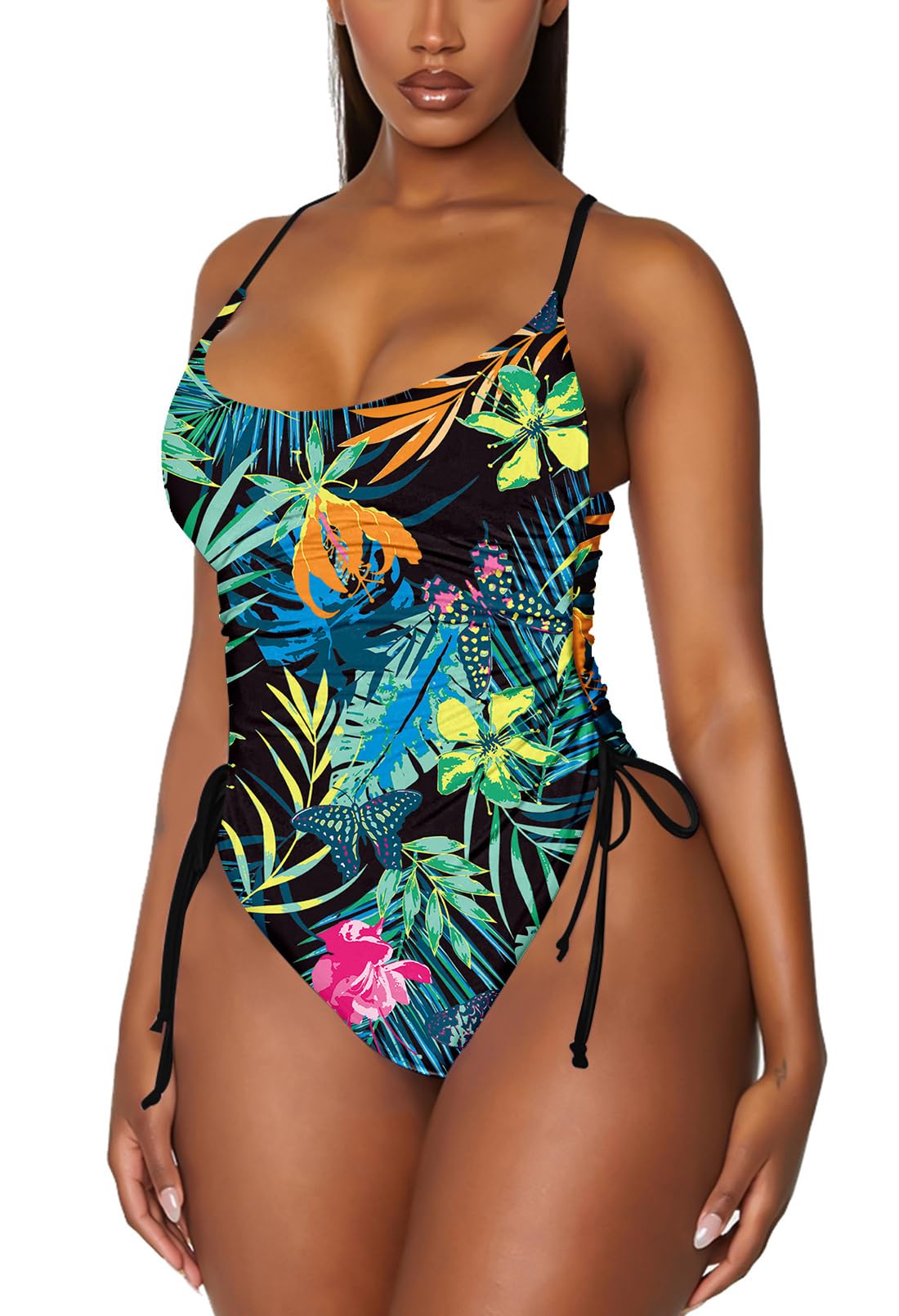 Viottiset Women's Ruched High Cut One Piece Swimsuit Tummy Control Bathing Suit Monokini