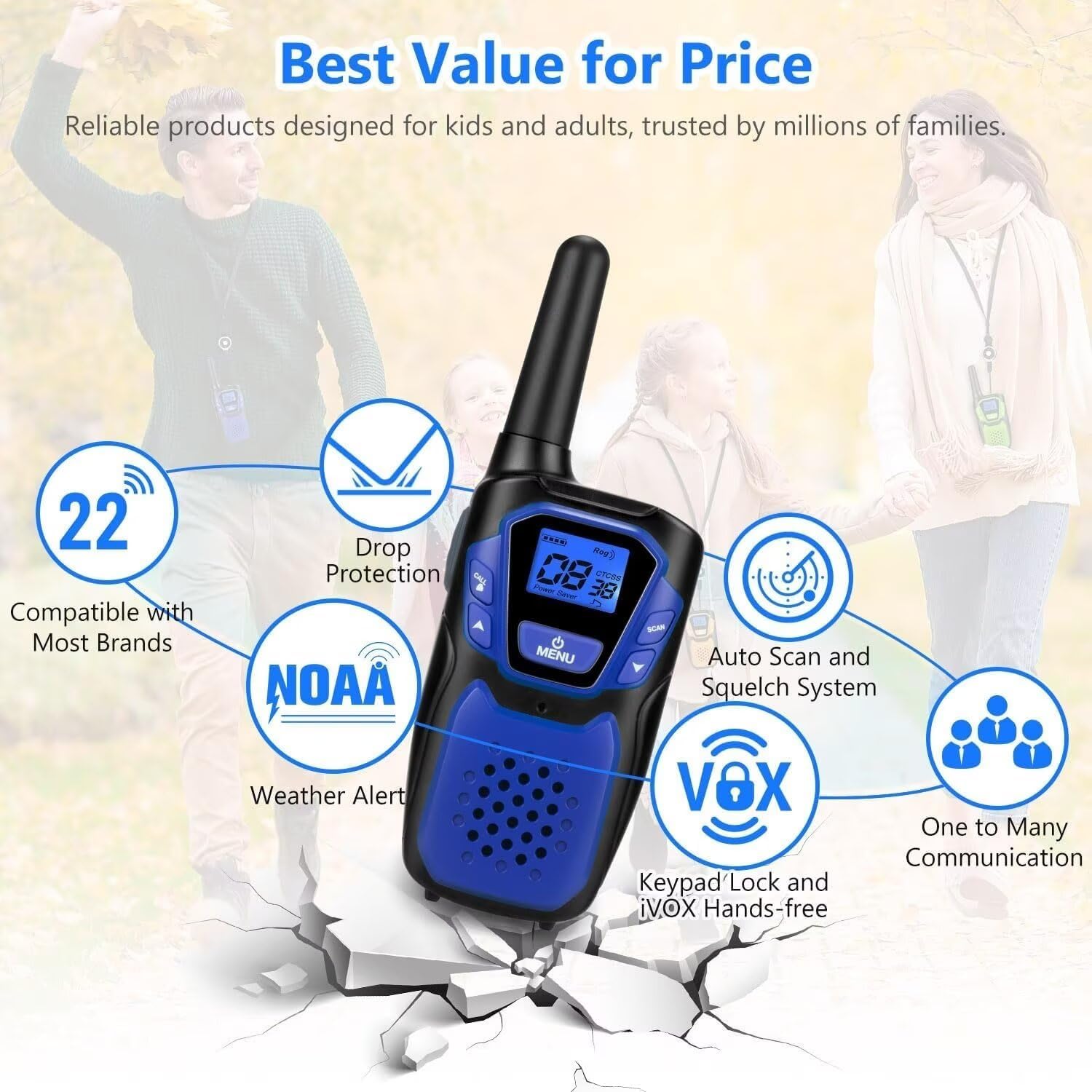 Walkie-Talkies for Kids Rechargeable Walkie Talkie for Adults Long Range FRS 2 Way Radio 3 Pack with Lanyard Battery NOAA USB, Family Toys for 3-12 Year Old Girls Boys Toddlers Camping