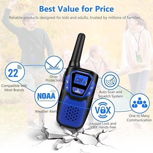 Miniatura 6 de Walkie Talkies para Niños Recargables Walkie Talkie para Adultos de Largo Alcance FRS Radio de 2 Vías Paquete de 3 con Cordón, Batería NOAA USB,