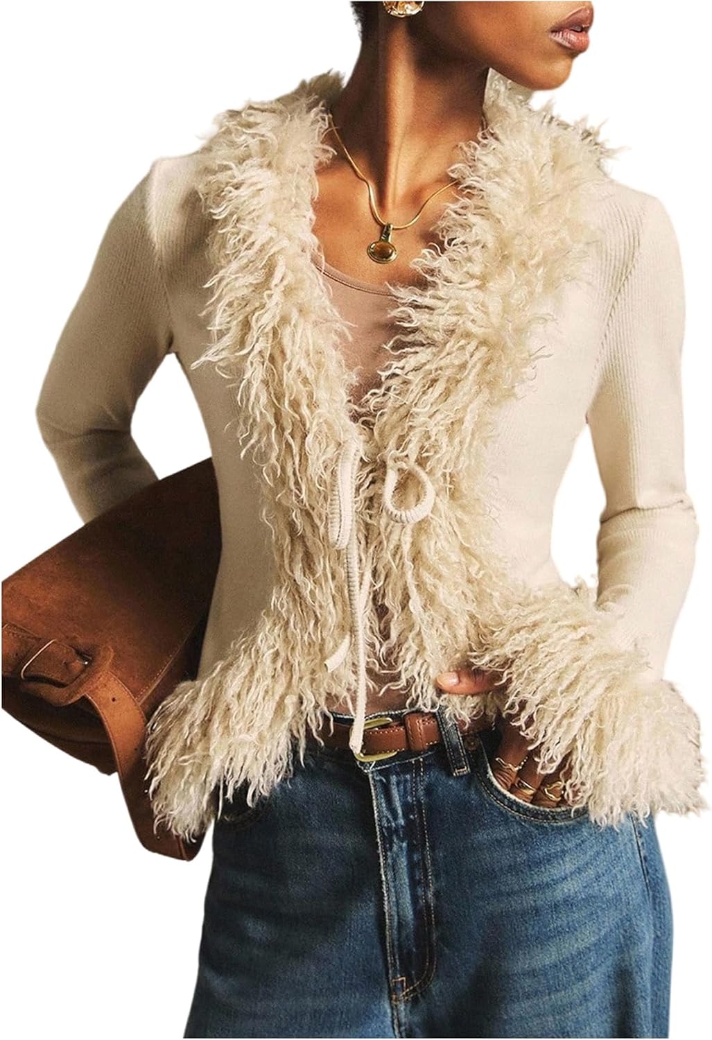 SOLY HUX Women's Tie Front Cropped Cardigan Sweaters Fuzzy Deep V Neck Long Sleeve Fall Winter Clothes