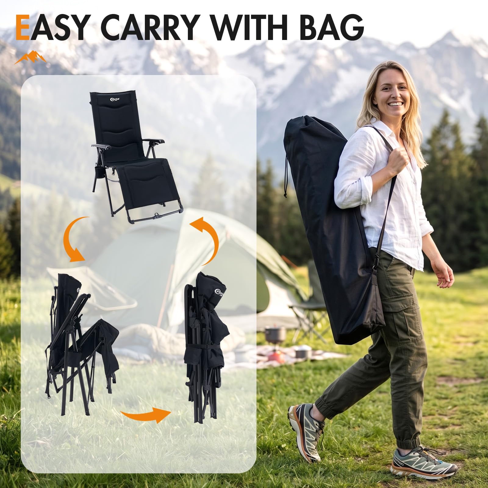Portal Silla reclinable de camping para jardín, tumbona plegable, sillas de gravedad cero, resistentes de 180 kg, silla de cubierta con reposapiernas, silla de salón ajustable para exteriores, patio