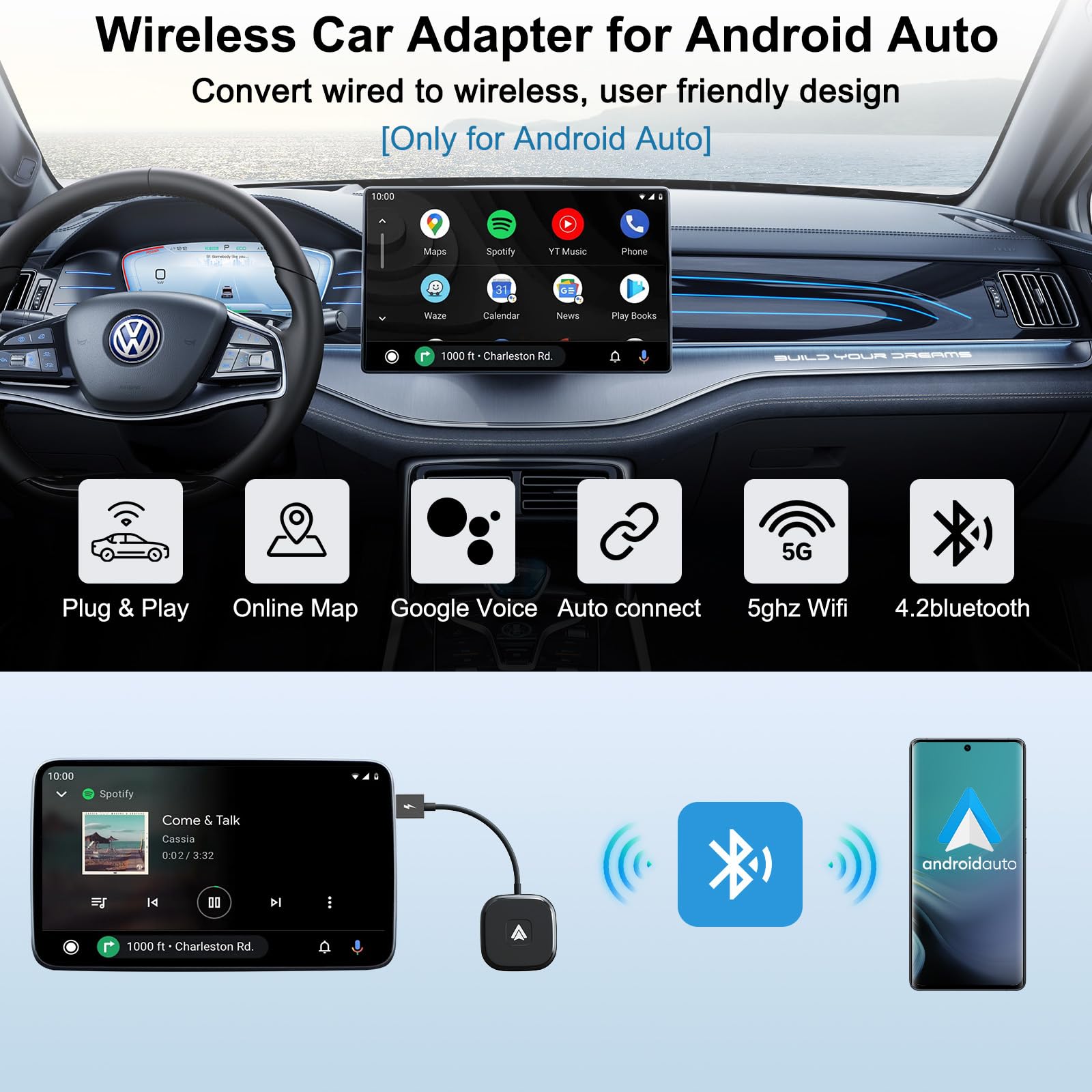 FEINODI Android Auto Wireless, Adattatore Wireless Android Auto A2A, Dongle Android Auto Senza Fili Plug e Play,Connessione Automatica, 5GHZ Trasmissione ad Alta Velocità per Auto 2017-2024