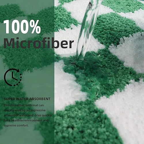 Miniatura 5 de Tapete de baño a cuadros, color verde y blanco, tapete marroquí de tablero de ajedrez, antideslizante, absorbente de agua, tapete de baño de