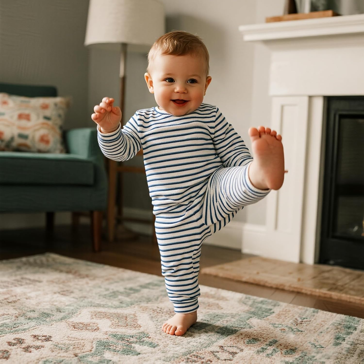 ChuYuKu Baby Girl Boy Clothes Set Toddler Fall Winter Outfit 2 Piece Striped Long Sleeve Shirt & Pants with Pockets - Image 4