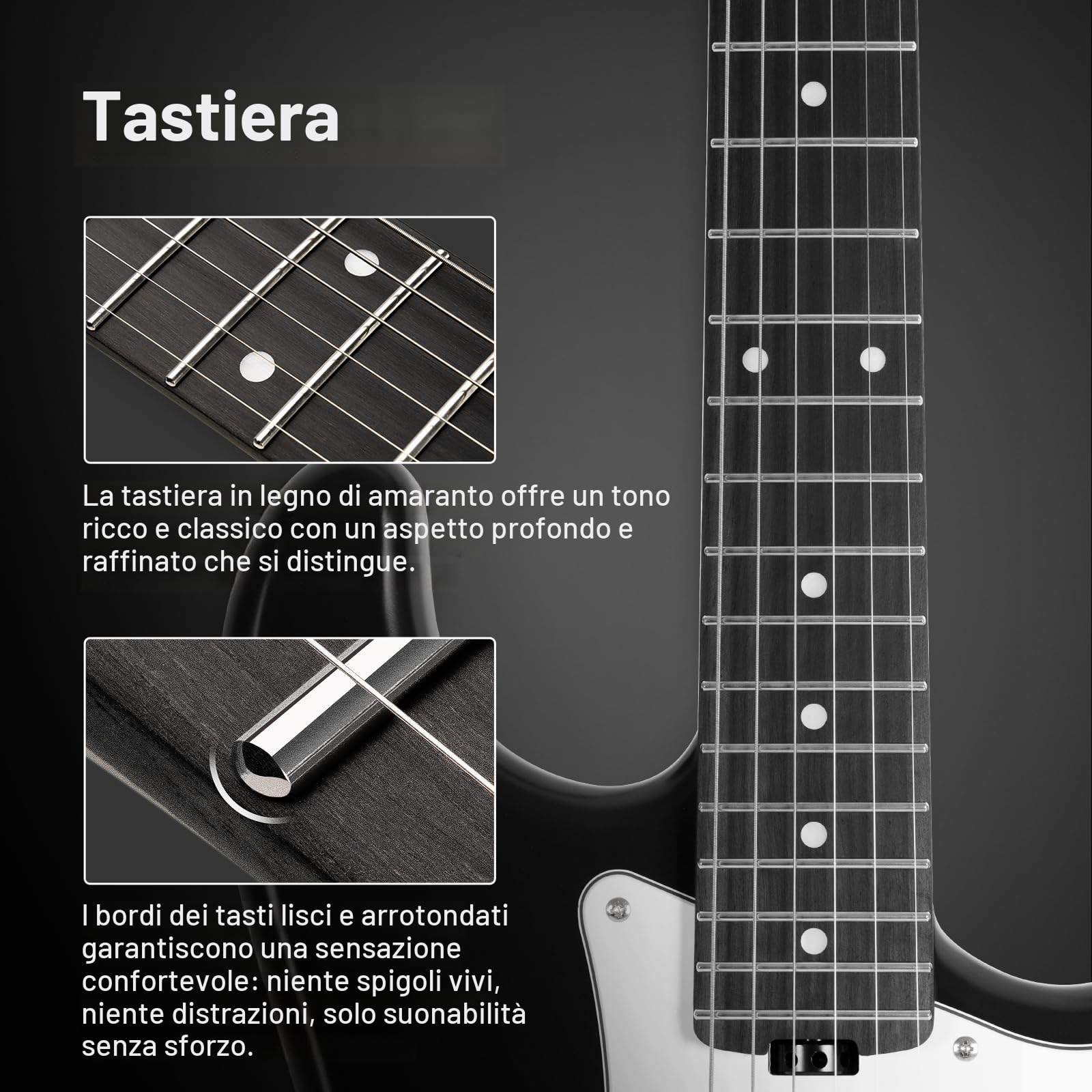 SONICAKE Chitarra Elettrica 39" Full-Size con Pickup Classici SSS, Corpo Leggero, Ponte Tremolo, Tasti Arrotondati e Truss Rod Regolabile QGT-10 (Nero)