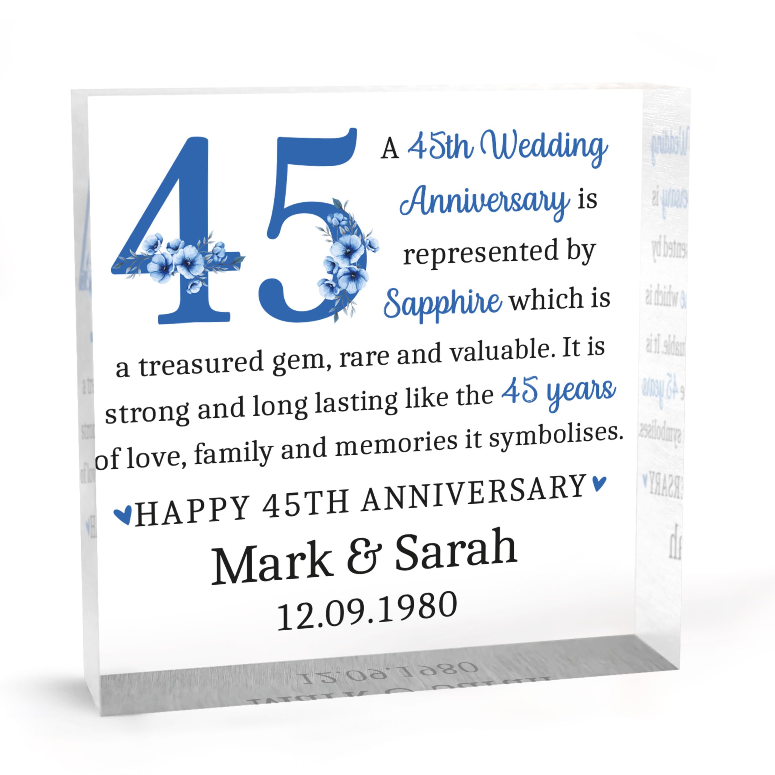 Beecreative Personalised 45th Anniversary Presents - Clear Acrylic Plaque Keepsake - Sapphire Wedding For Parents - With Grey Bag