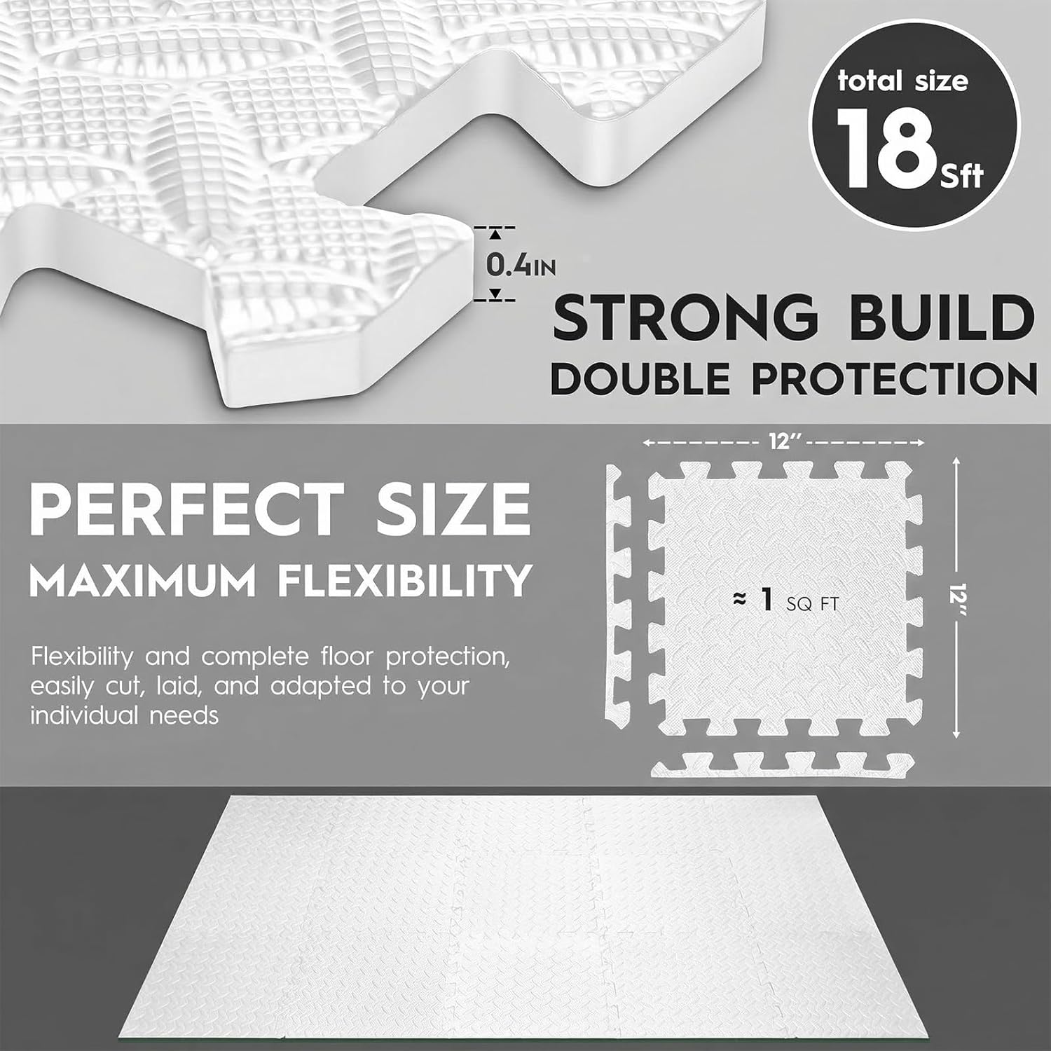 Puzzle Exercise Mat, EVA Interlocking Foam Floor Tiles, Non-Slip, Protective, Water-Resistant Flooring for Home Gym & Workout Equipment, 12.6" x 12.6" x 0.4", 18 Sq Ft, 18 Tiles, White