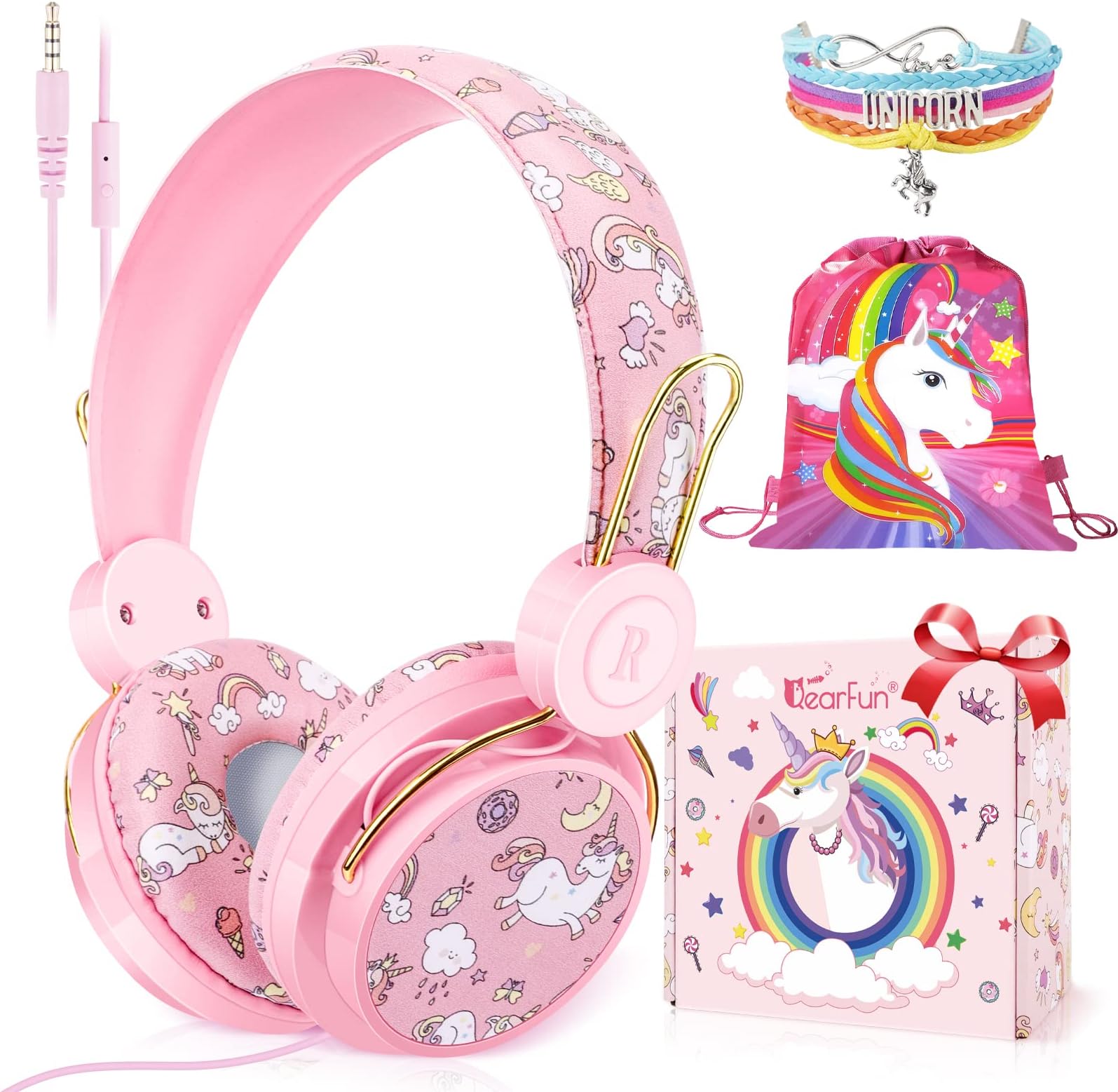 QearFun Unicorn Headphones for Girls Kids for School, Kids Wired Headphones with Microphone & 3.5mm Jack, Teens Toddlers Noise Cancelling Headphone with Adjustable Headband for ipad/Tablet/Smartphones