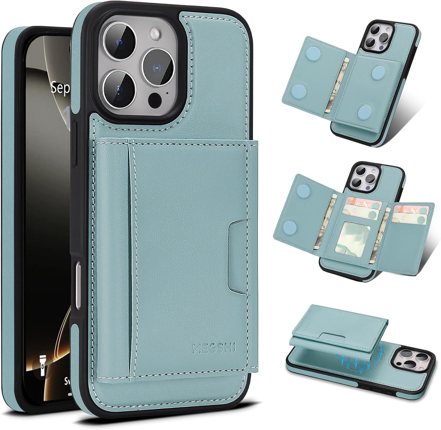 for iPhone 16 pro Wallet Case, 2-in-1 Detachable Phone Case, Card Holder RFID Blocking, Fashionable Faux Leather Card Slot & Folding Design (Blue 6.3'')