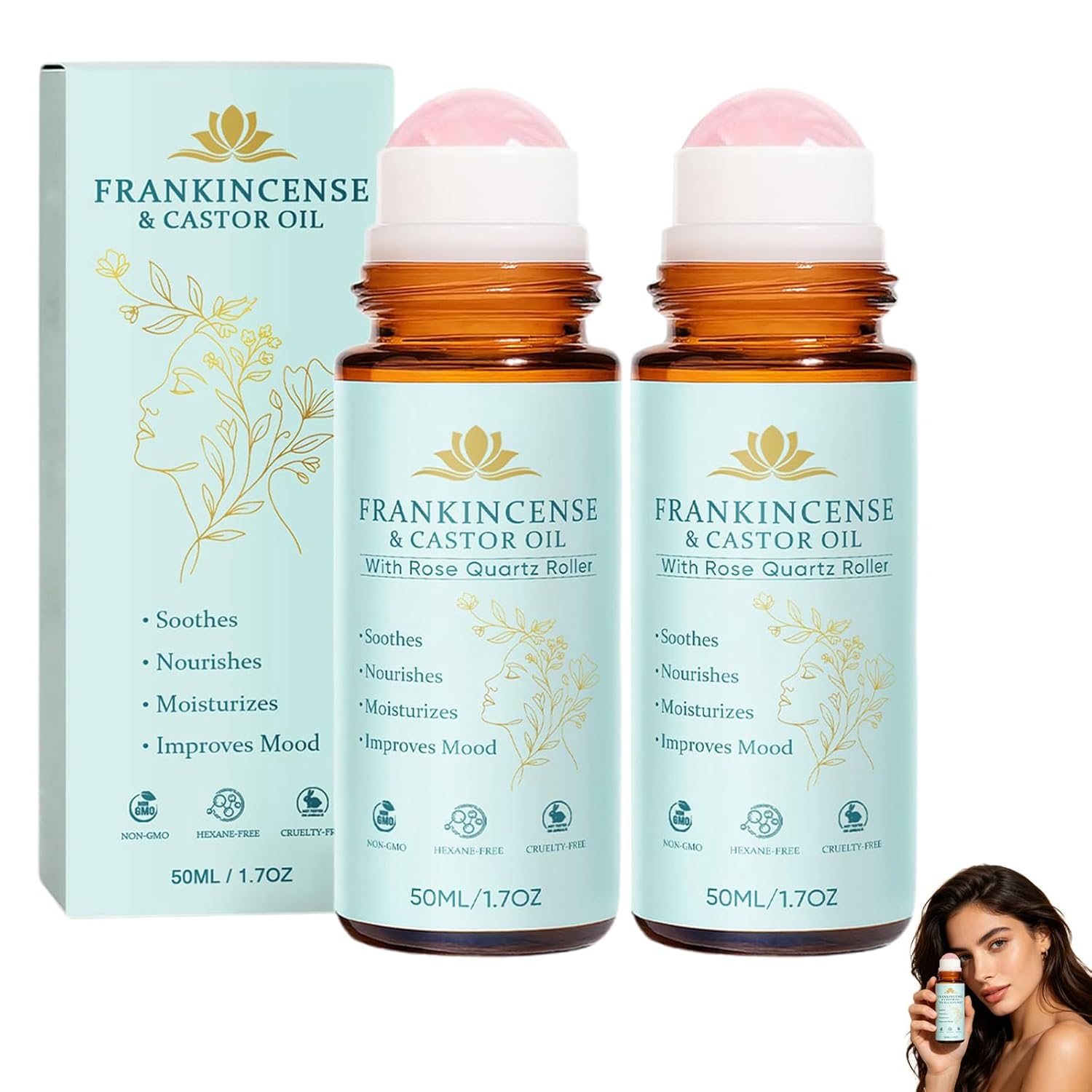 TLOPA Organic Castor Oil Roll On with Rose Quartz Roller, 2026 New 100% Castor Oil Organic Cold Pressed, Castor Oil Rose Quartz Roller Ball, for Face and Body, Hair, Eyebrows, Moisturize Skin (2pcs)
