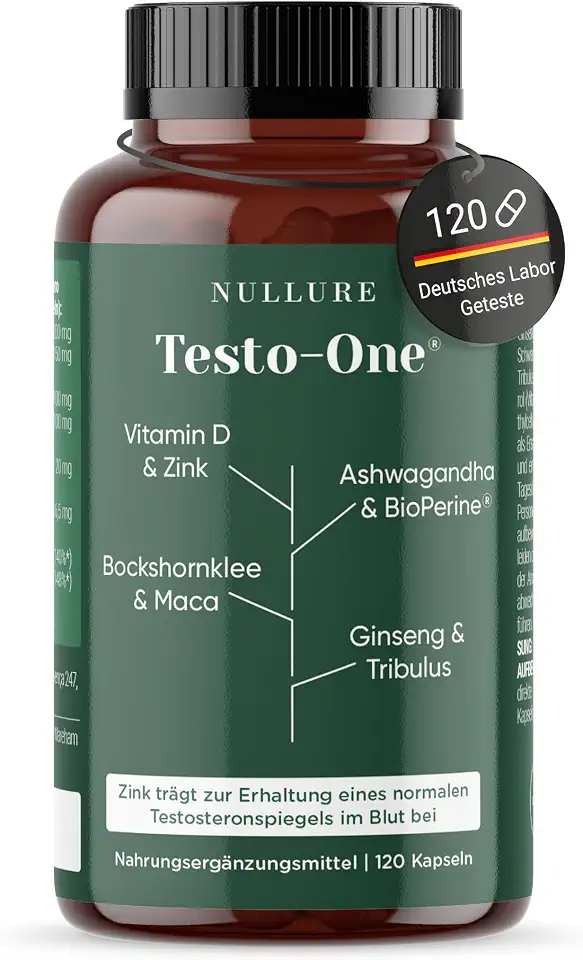 Nullure Testo-One Testosteron¹ Kapseln | Vegan & Ohne Magnesiumstearat | Unabhängig getestet in Deutschland | Ashwagandha + Maca + Tribulus + Bockshornklee + Ginseng + Zink | 120 Stück (2 Monate)