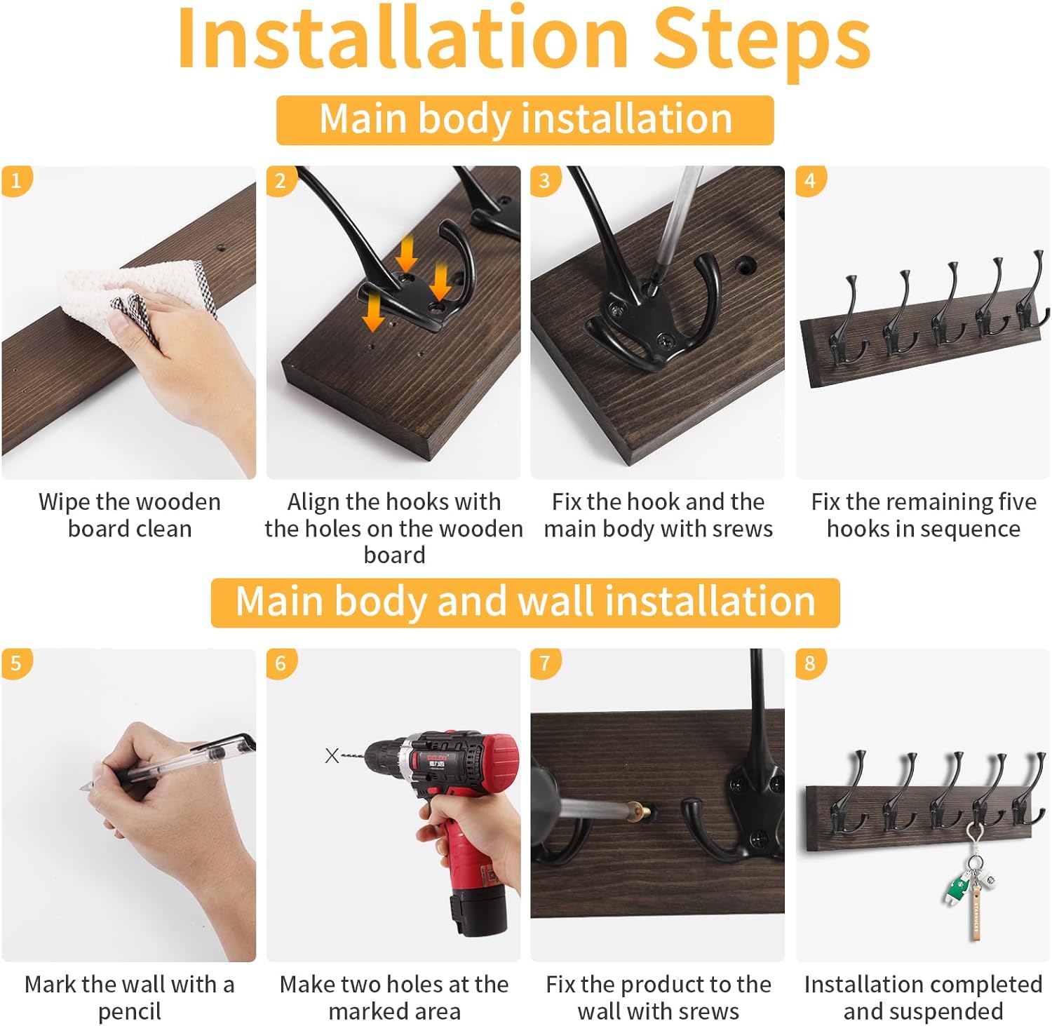 IBosins 2 Pack Coat Rack Wall Mount, 17'' Old Wood Color Coat Hanger, Rustic Wooden Metal Coat Hooks Rail for Entryway Living Room Coat Jacket Scarf Bag Towel Hat - Image 8