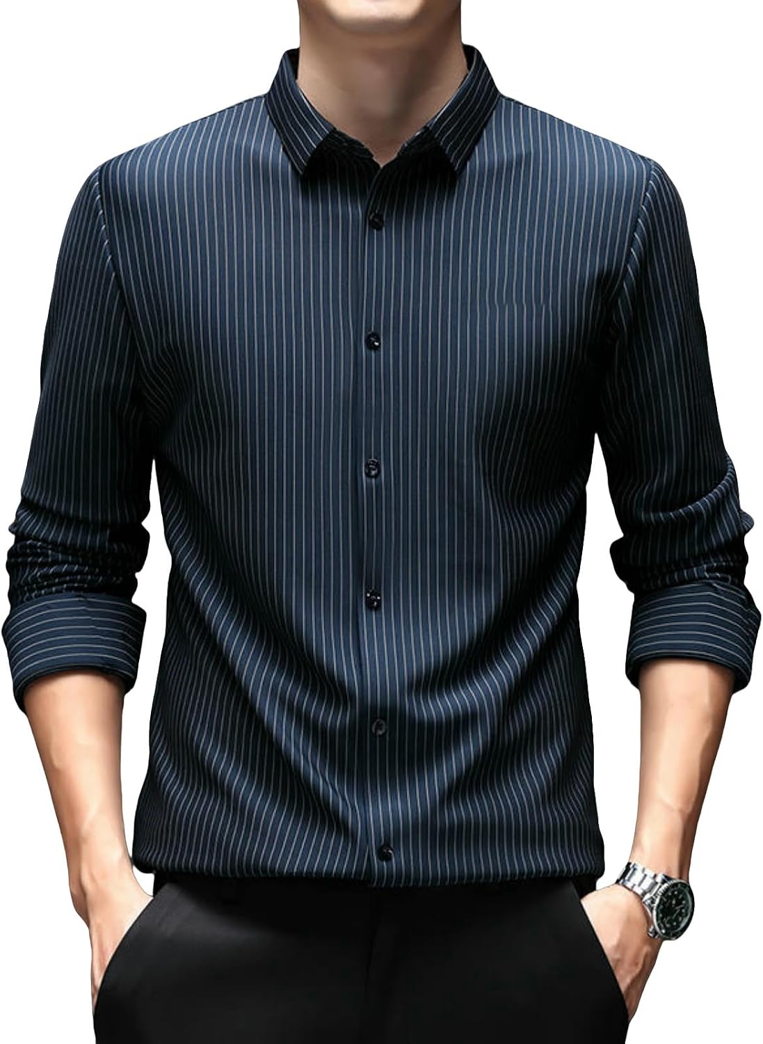 Men's Spring Autumn Striped Business Wrinkle-Free Casual Long Sleeve Shirt