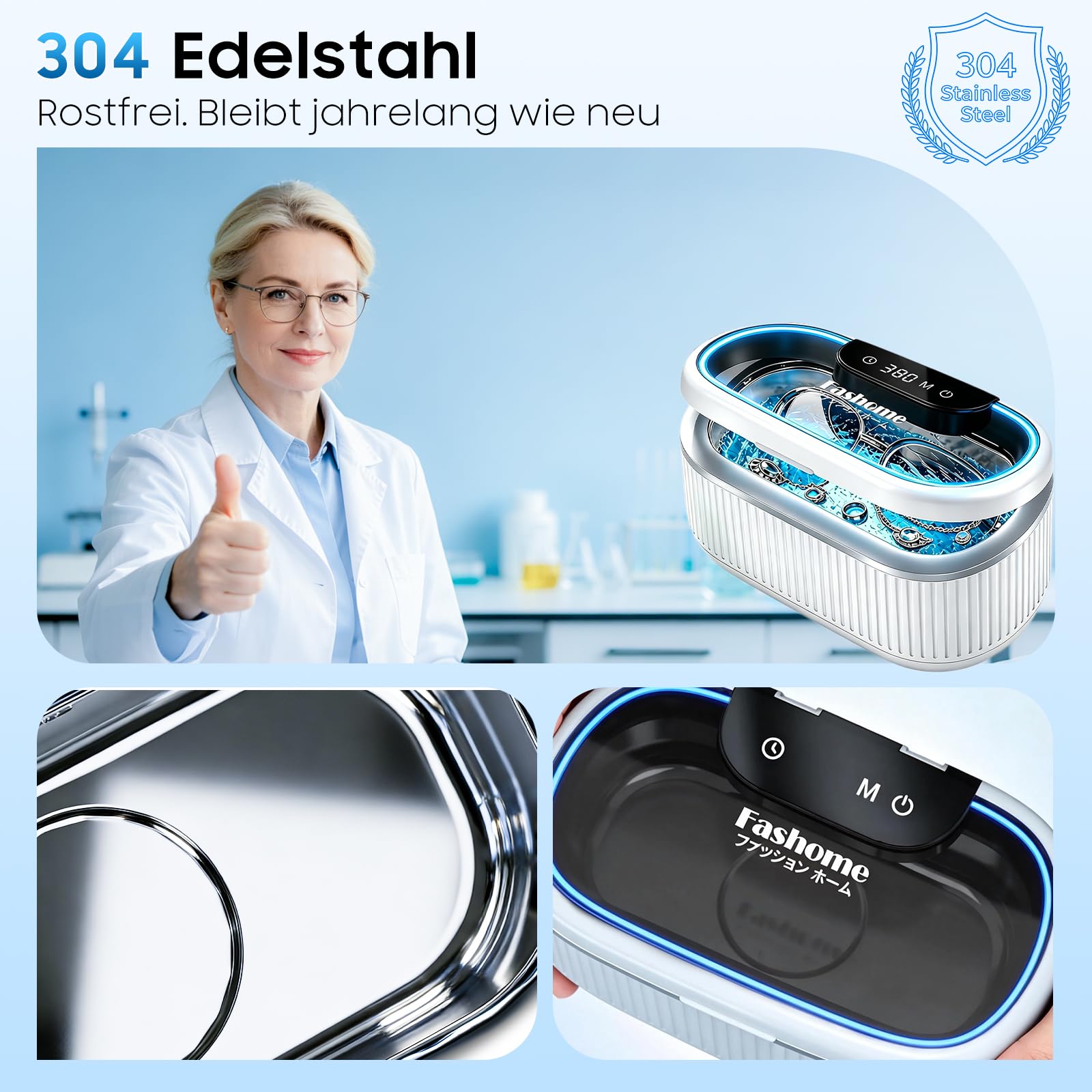 Fashome Ultraschallreiniger mit 2×100 ml Reinigungsflüssigkeit, 45 kHz 3 Modi, 550 ml Edelstahltank, für Schmuck, Brillen, Uhren & Zahnersatz, Reinigungskorb & Uhrenhalterung – mit Geschenkbox