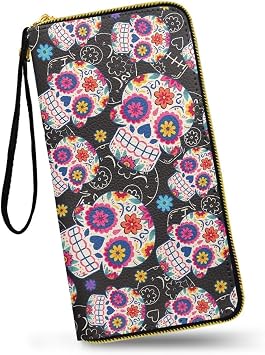 Mexican Sugar Skulls PU Leather Ladies Wallet Wristlet Day Of The Dead Skull Floral Zip Around Wallets for Women, Black Large Capacity Card Holder Organizer