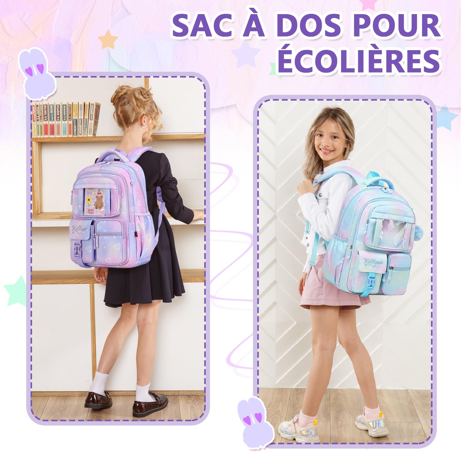 Sisipoet Cartable Fille Primaire, Cartable Scolaire, Sac à Dos Léger avec Plusieurs Compartiments, Respirant et Confortable, Sac à Dos Enfant 9-16 Ans du CP à la 6ème pour l’École et les Voyages