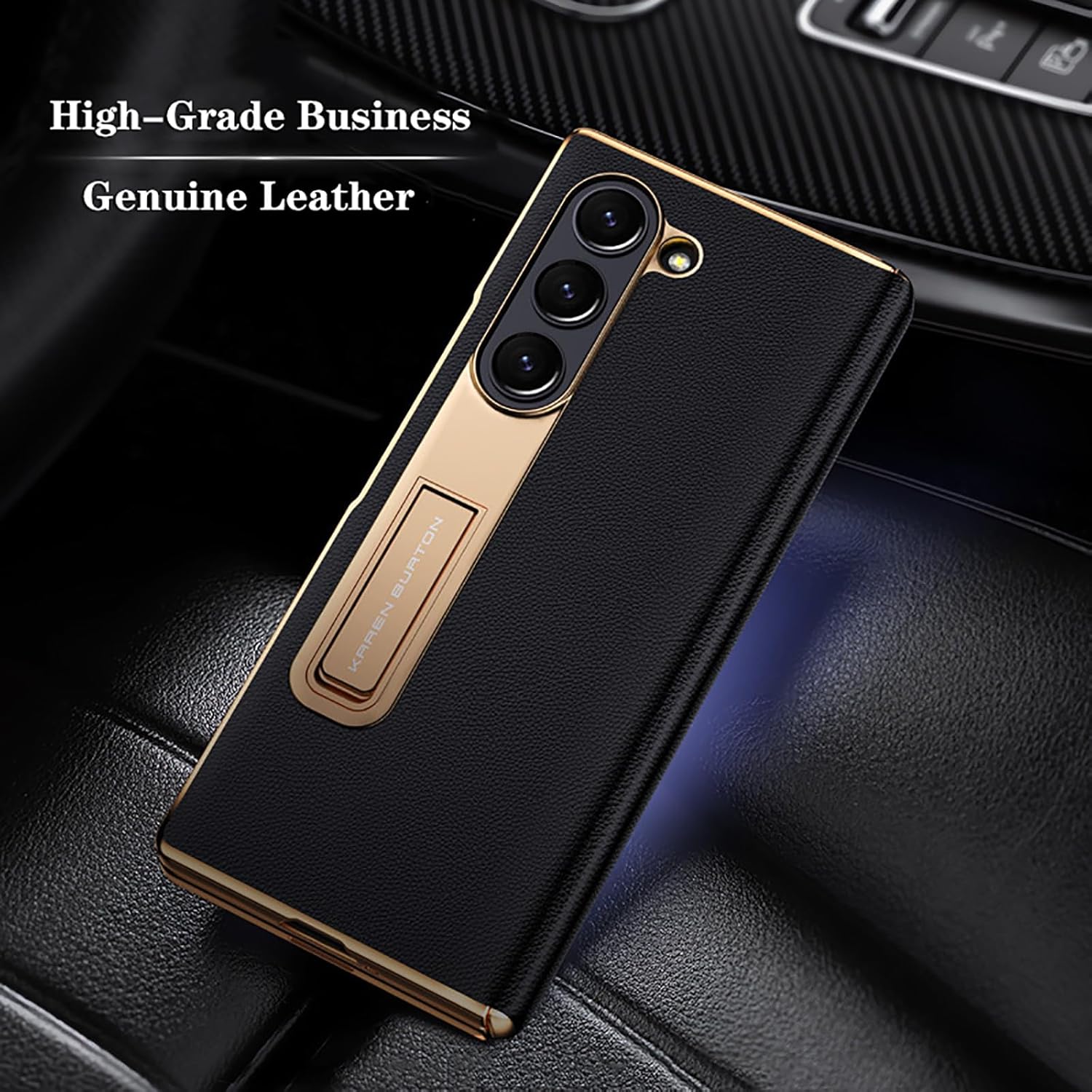 Genuine Leather Case for Samsung Galaxy Z Fold 6, Light Luxury Business Plating Case with Screen Hinge Protection Kickstand Phone Cover Red