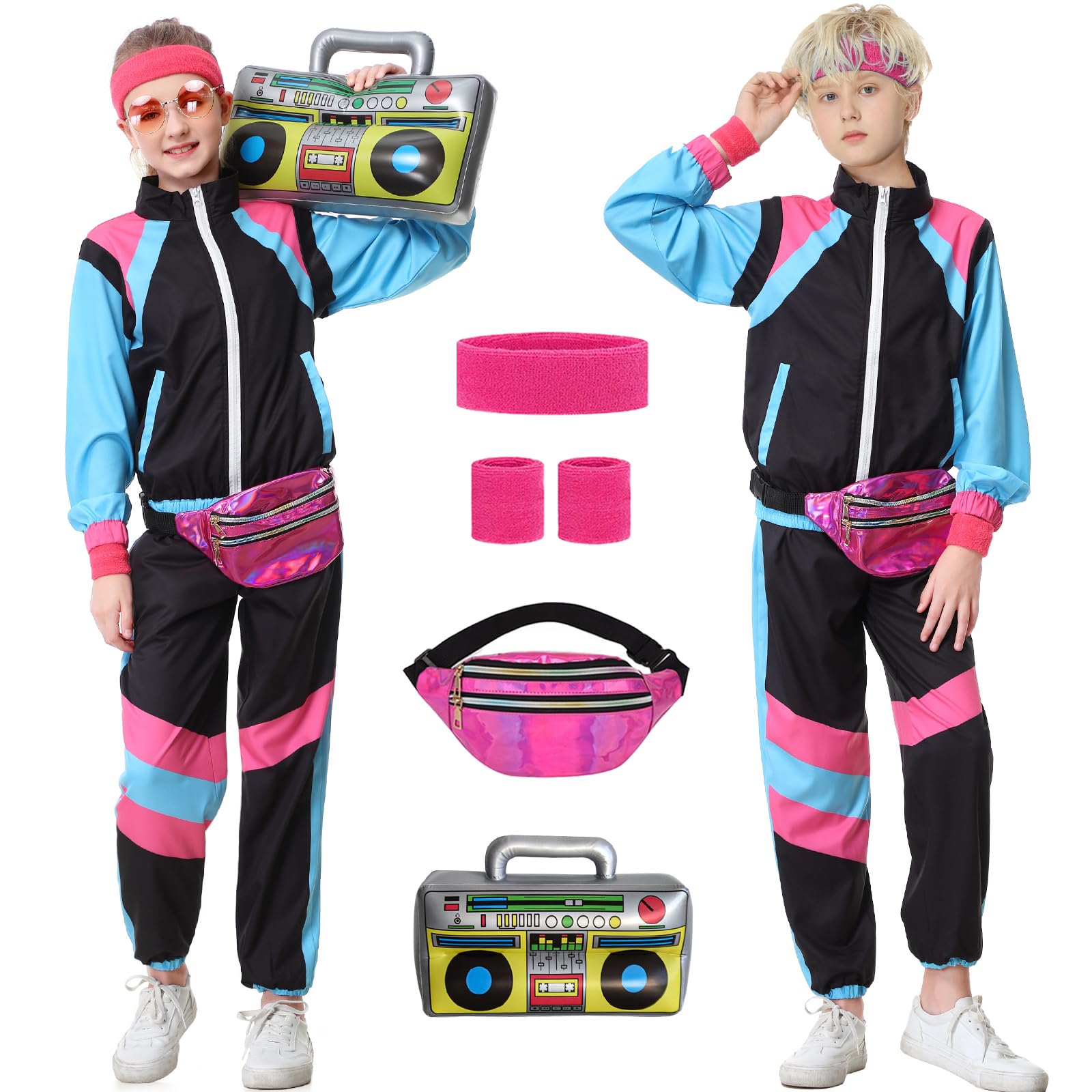 TIMSOPHIA 80s Tracksuit for Kids, 90s Outfits Boys Girls 6PCS Hip Hop Dance Costume, Colorblock Jacket for Retro Theme Party (Black, 4-5 years)