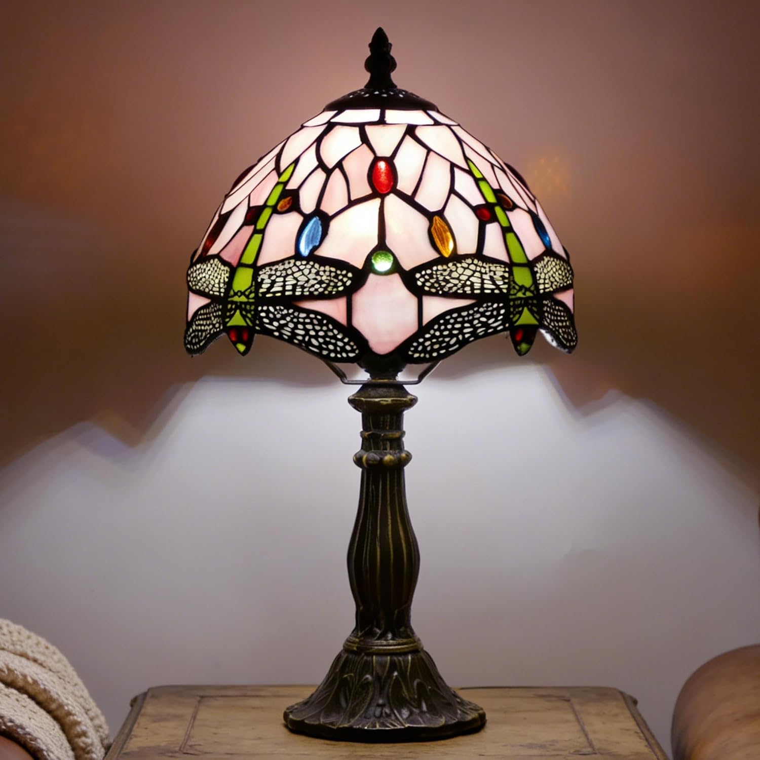 Small Tiffany Lamp Mini Stained Glass Table Lamp Bedside Accent Lamp Memory Sympathy 8X14.5 Inch (Pink Dragonfly)