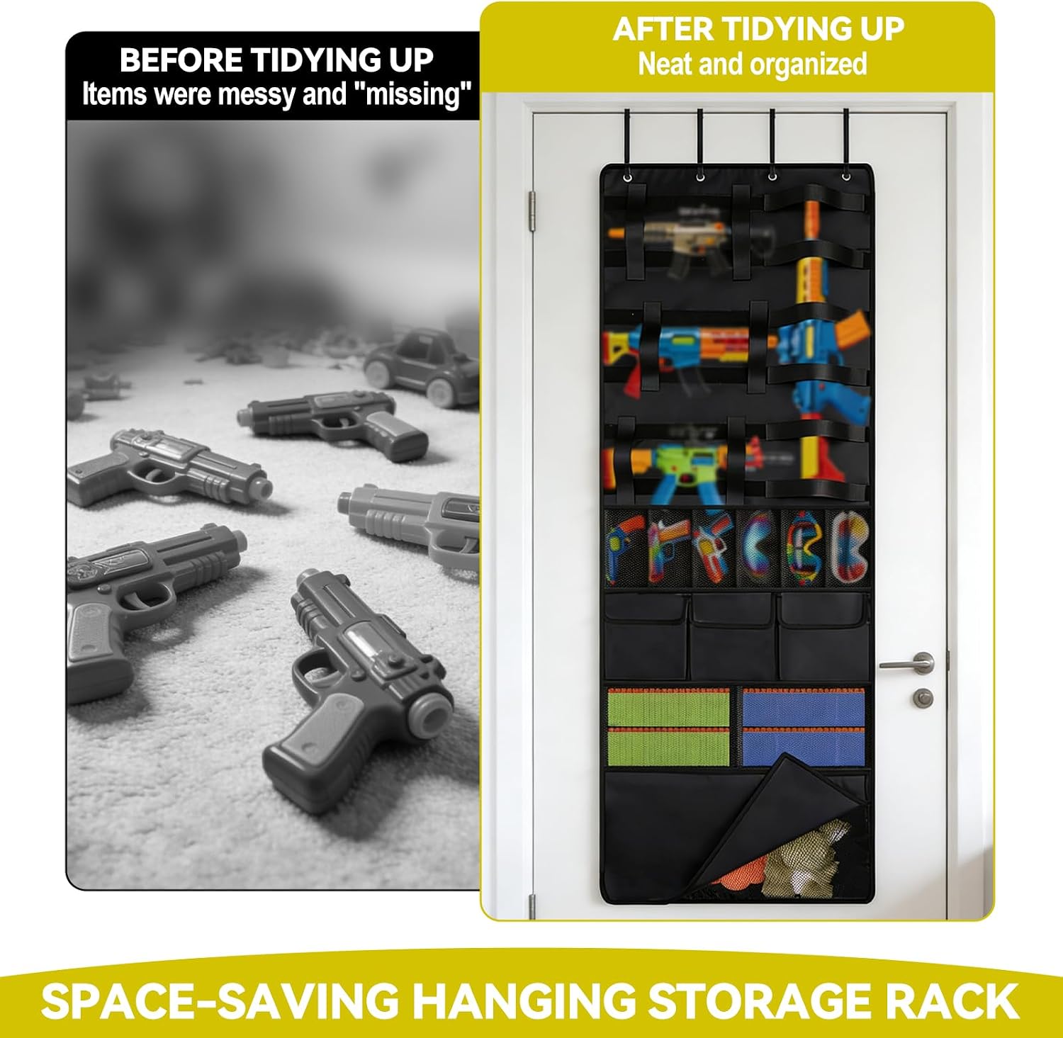 Over the Door Toy Gun Hanging Organizer, Storage Wall Mount Rack with 10 Pockets for Foam Blasters Darts Goggles & Accessories Ideal for Kids Rooms and Game Rooms (Black)