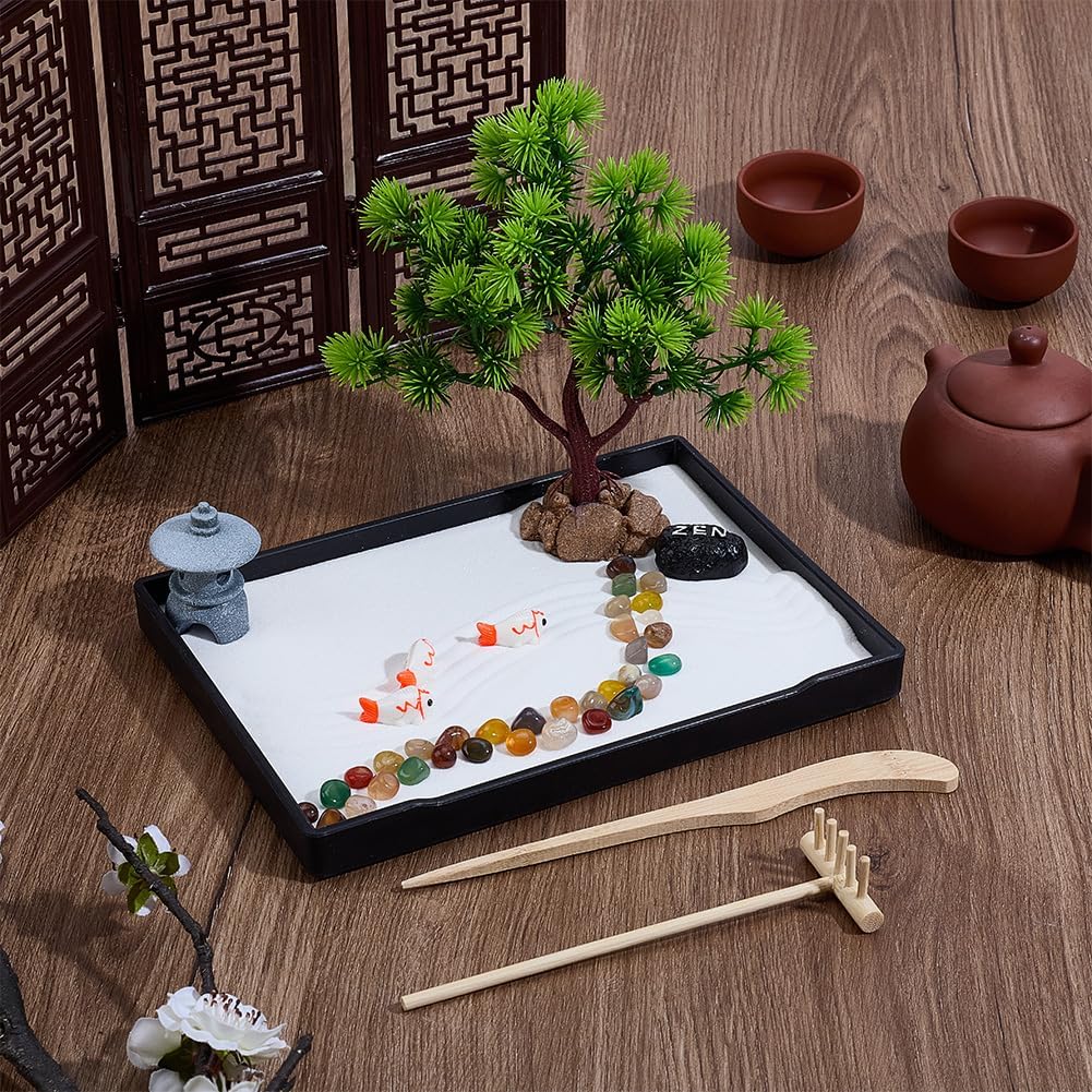 WEBEEDY Zen Garden Kit 8.3x6.2 Inch, DIY Sand Tray Therapy Desktop Meditation Decor for Office Desk, Japanese Mini Rock Feature Decor Gift Set for Mind Relaxation Accessories