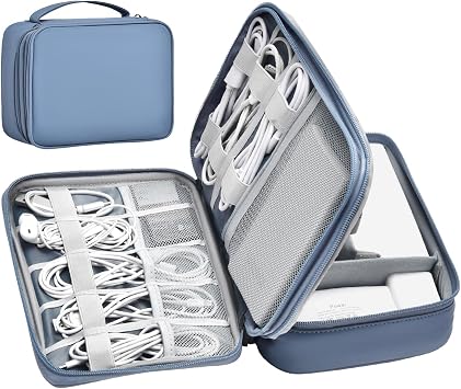 Double Layer Leather Cable Organizer Bag Large Capacity Waterproof Tech Organizer Case for Travel Electronics Accessories Storage Case with Adjustable DividerGray&Blue, Double Layer-Small