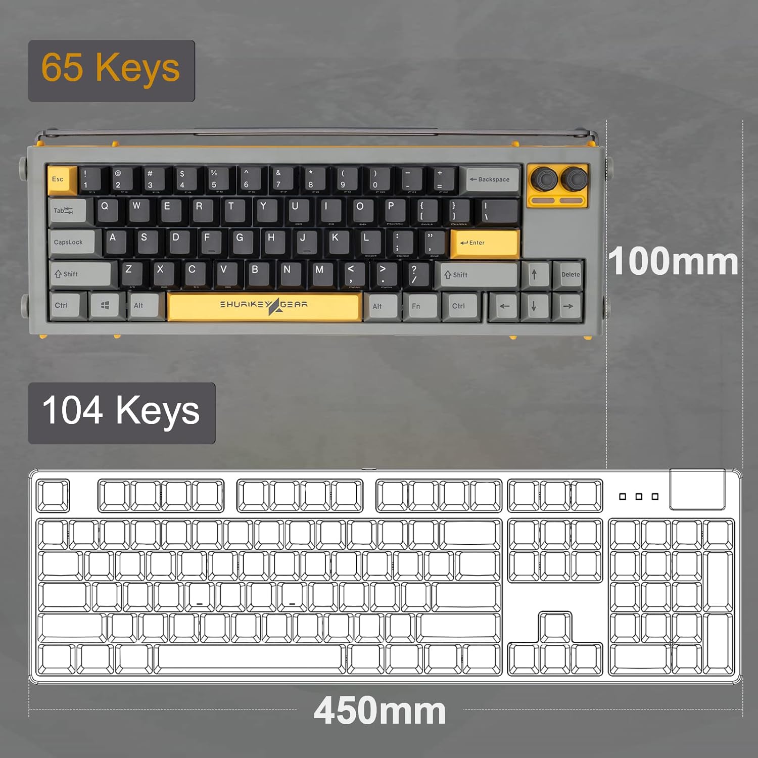 Comparison image showing the compact 65-key layout of the SHURIKEY GEAR keyboard next to a standard 104-key full-size keyboard layout, with dimensions of 100mm for the 65-key and 450mm for the 104-key.